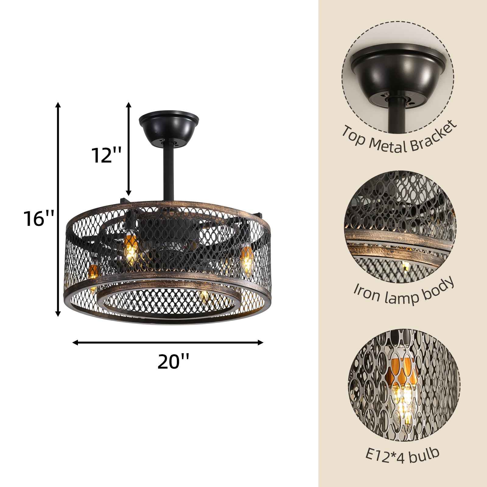20 Inch Caged Ceiling Fan with LED Lights - Industrial Style Vintage Ceiling Fan for Bedroom, Living Room, Porch - Dimmable & Remote Control Included (Bulbs Not Warranted)