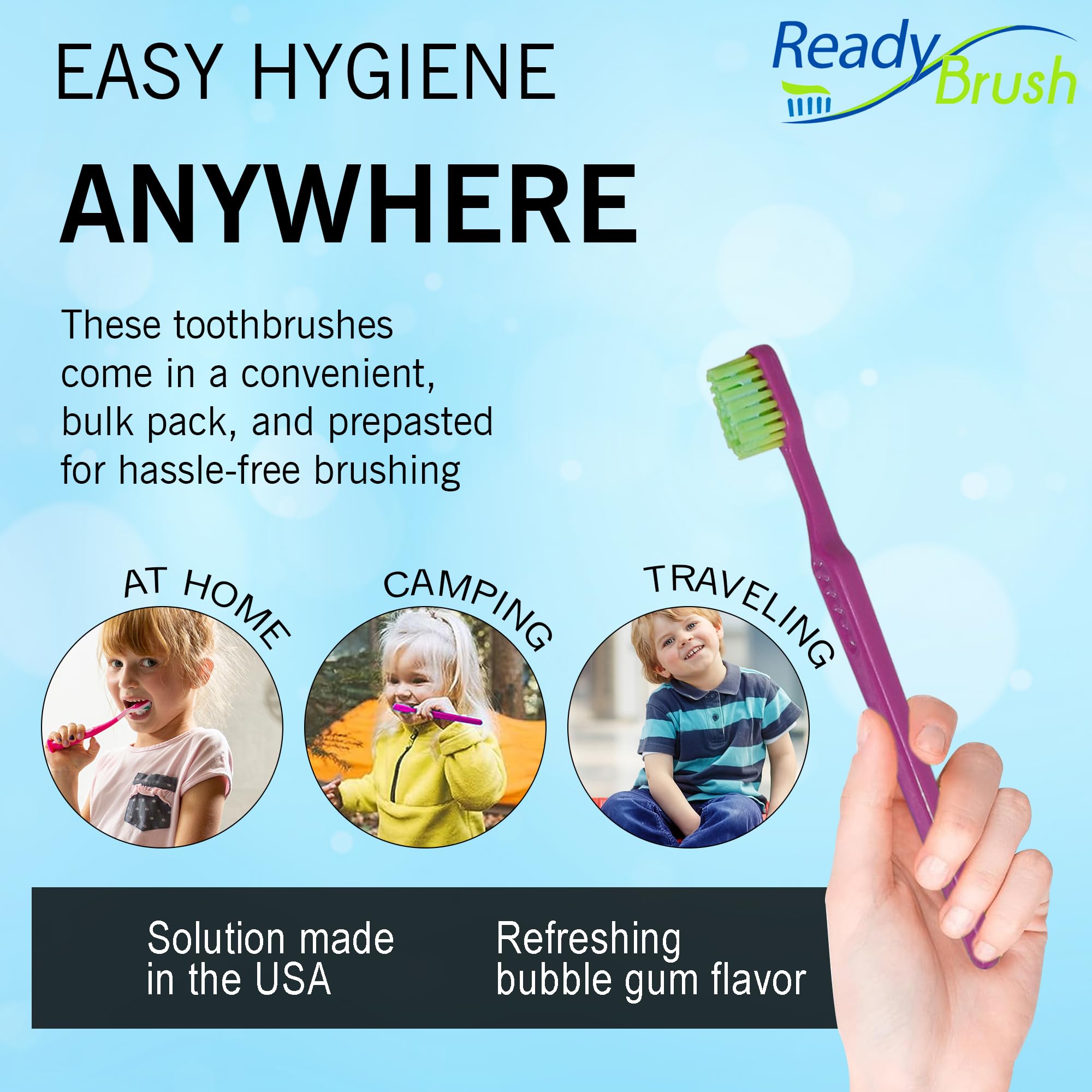 READYBRUSH JR 30 Pack Reusable Kids Toothbrushes with Bubblegum Flavor Prepasted Toothpaste - Individually Wrapped Bulk Toothbrushes for School, Camp, Travel - Made in USA | Perfect for Kids Oral Care, Classroom Supplies & Emergency Kits