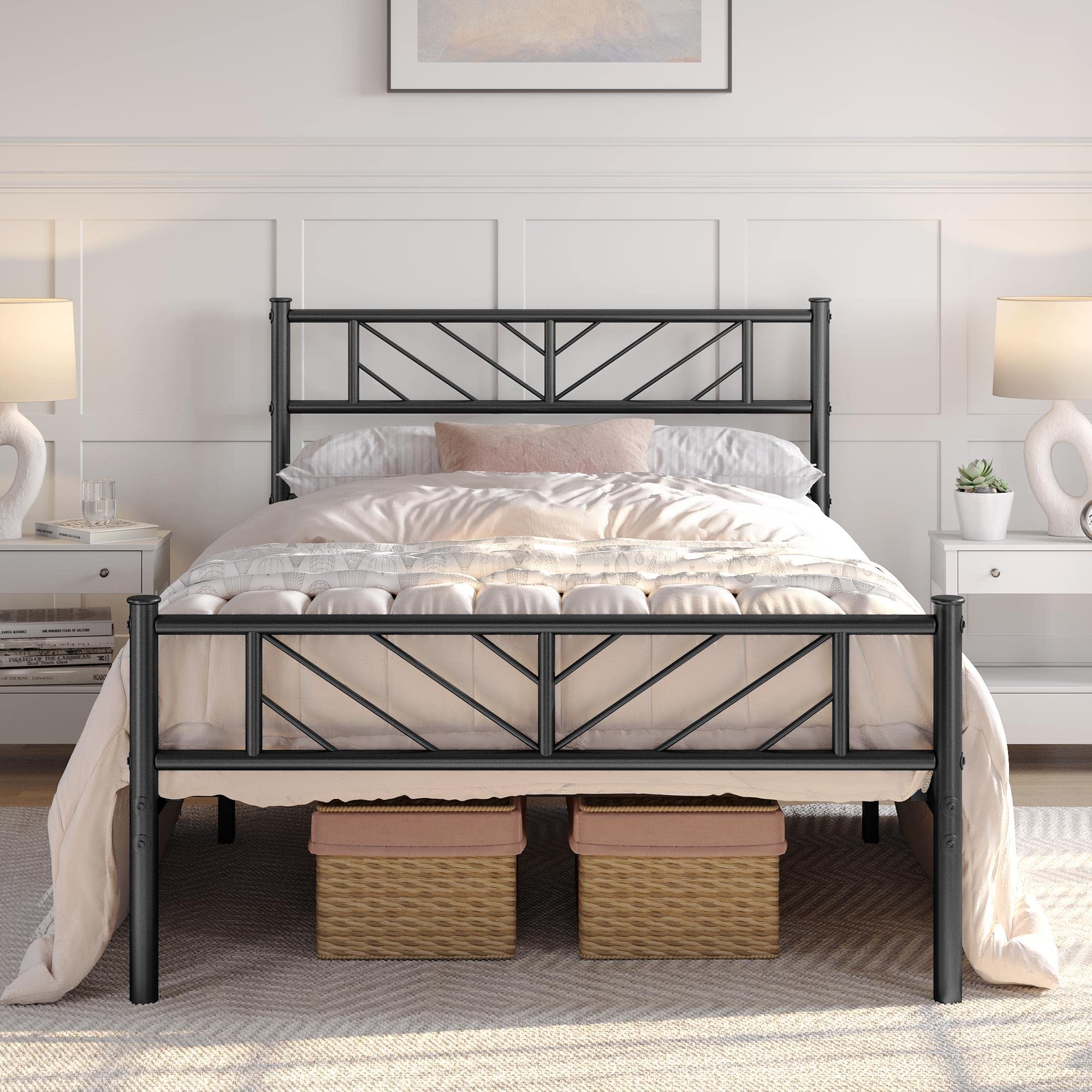 Yaheetech Twin Size Metal Platform Bed Frame with Arrow Design Headboard - 13 Inch Sturdy Mattress Foundation, No Box Spring Needed, Space-Saving Storage Under Bed, Easy Assembly, Modern Black Bedroom Furniture for Small Spaces & Dorm Rooms