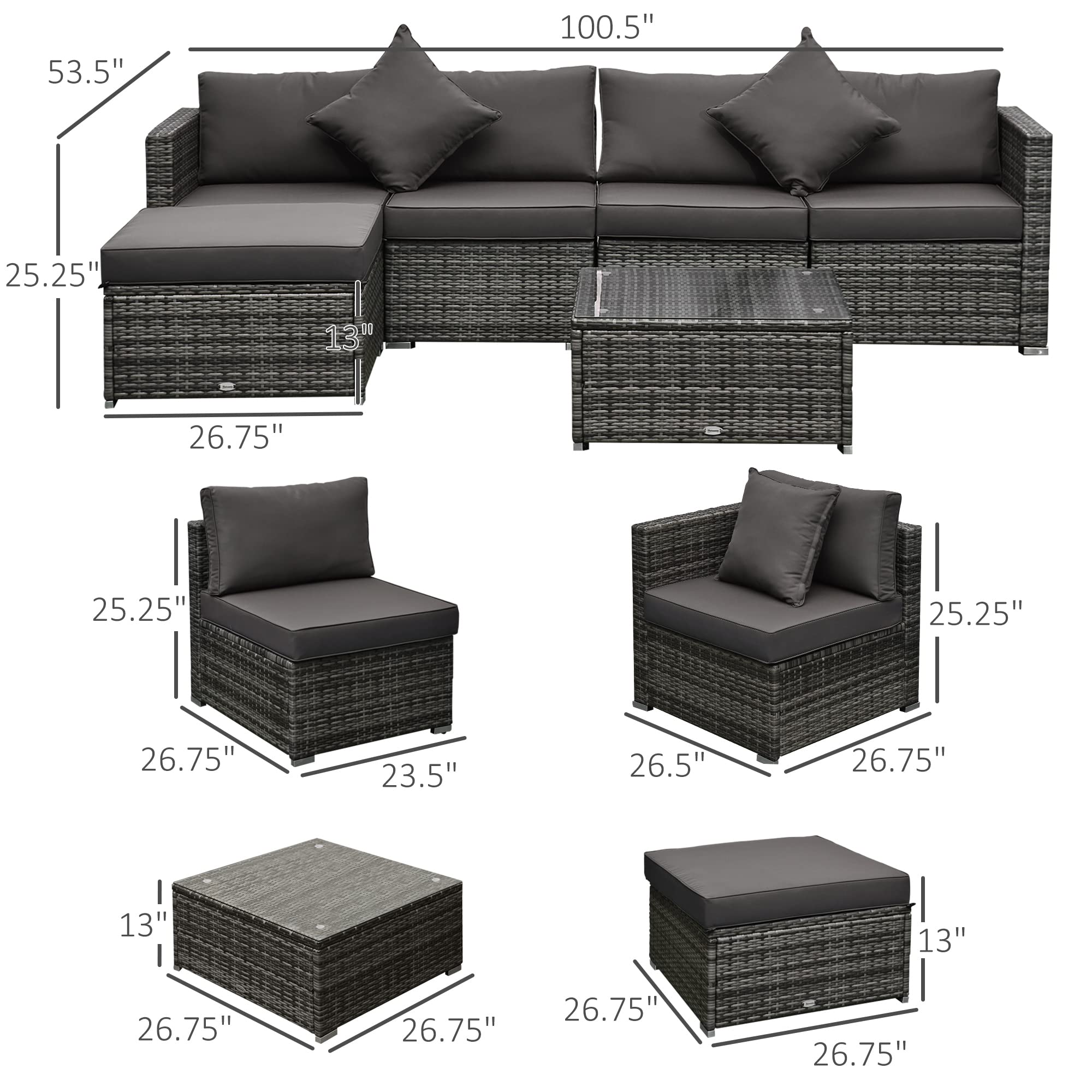 Outsunny 6-Piece All-Weather PE Rattan Patio Furniture Set - Outdoor Wicker Sectional Sofa with Ottoman, Cushions & Tempered Glass Table - Mixed Gray & Charcoal - Perfect for Backyard, Garden, and Poolside Relaxation