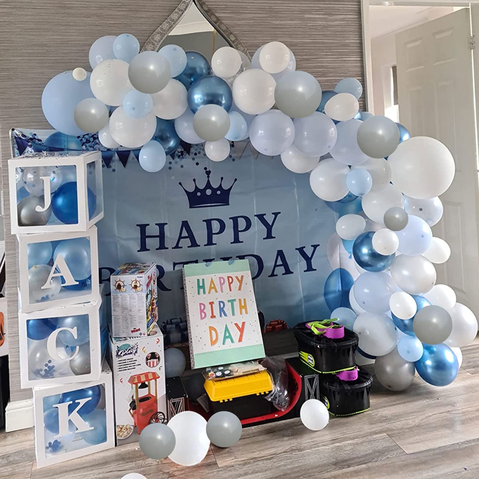 Blue White Metallic Balloon Arch Garland - Silver Grey Pastel Balloons for Birthday Party, Gender Reveal, Baby Shower & Anniversary Decorations | Helium Latex Balloons for Indoor & Outdoor Events