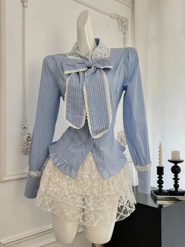 Women's Autumn 2-Piece Outfit - Blue Striped Lace Long Sleeve Lapel Blouse & High Waist Pleated Mini Skirt Set | Casual Office Wear & Date Night Outfits