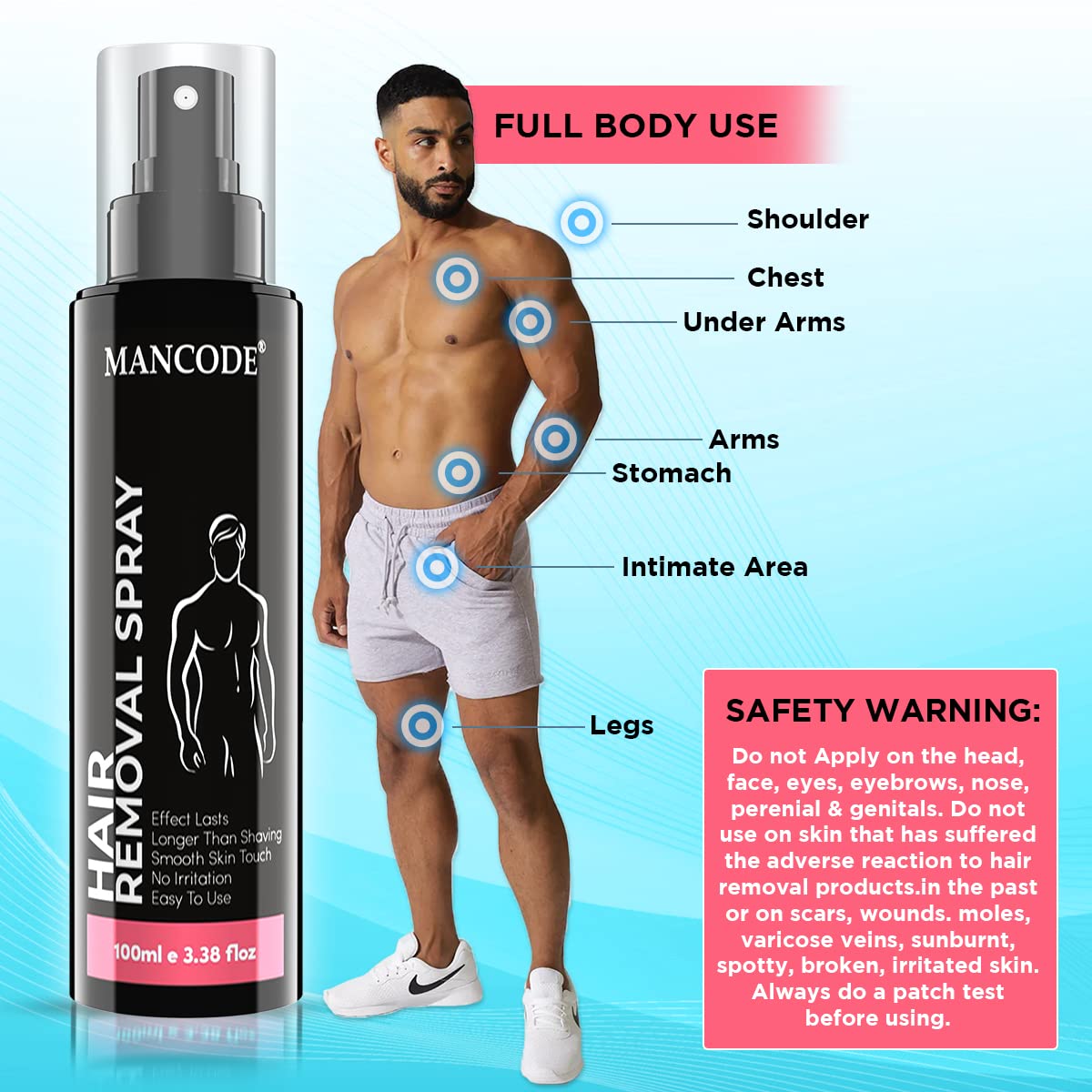 MAN CODE Painless Hair Removal Spray for Men - 100ml | Chest, Back, Legs & Underarms Hair Remover | No Irritation & Itch-Free Formula | Intimate Hygiene Solution | Perfect for Gym, Swimming & Summer Activities
