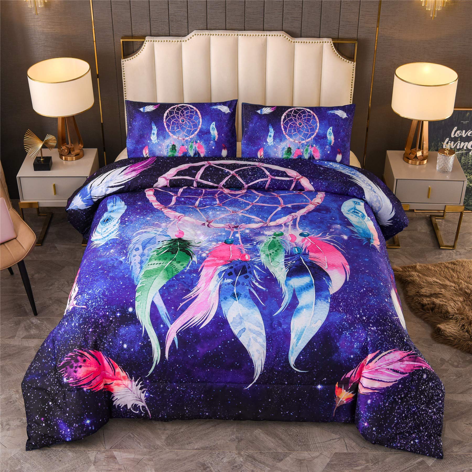 Galaxy Dreamcatcher Feather Bedding Set - Boho Chic Bohemian Design, Printed Night Sky Comforter with Dancing Feathers (Blue, Twin 68x88 Inches) - Perfect for Kids' Rooms, Dorm Decor & Bohemian Bedroom Themes