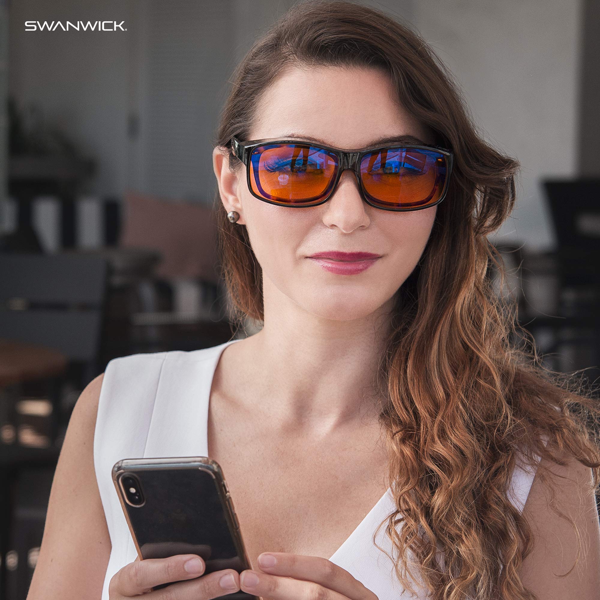 Premium Swanwick Amber Fit Over Blue Light Blocking Glasses - 99% Blue Blocker, Fits Over Prescription Glasses for Eye Strain Relief - Perfect for Computer Work, Gaming & Nighttime Screen Use