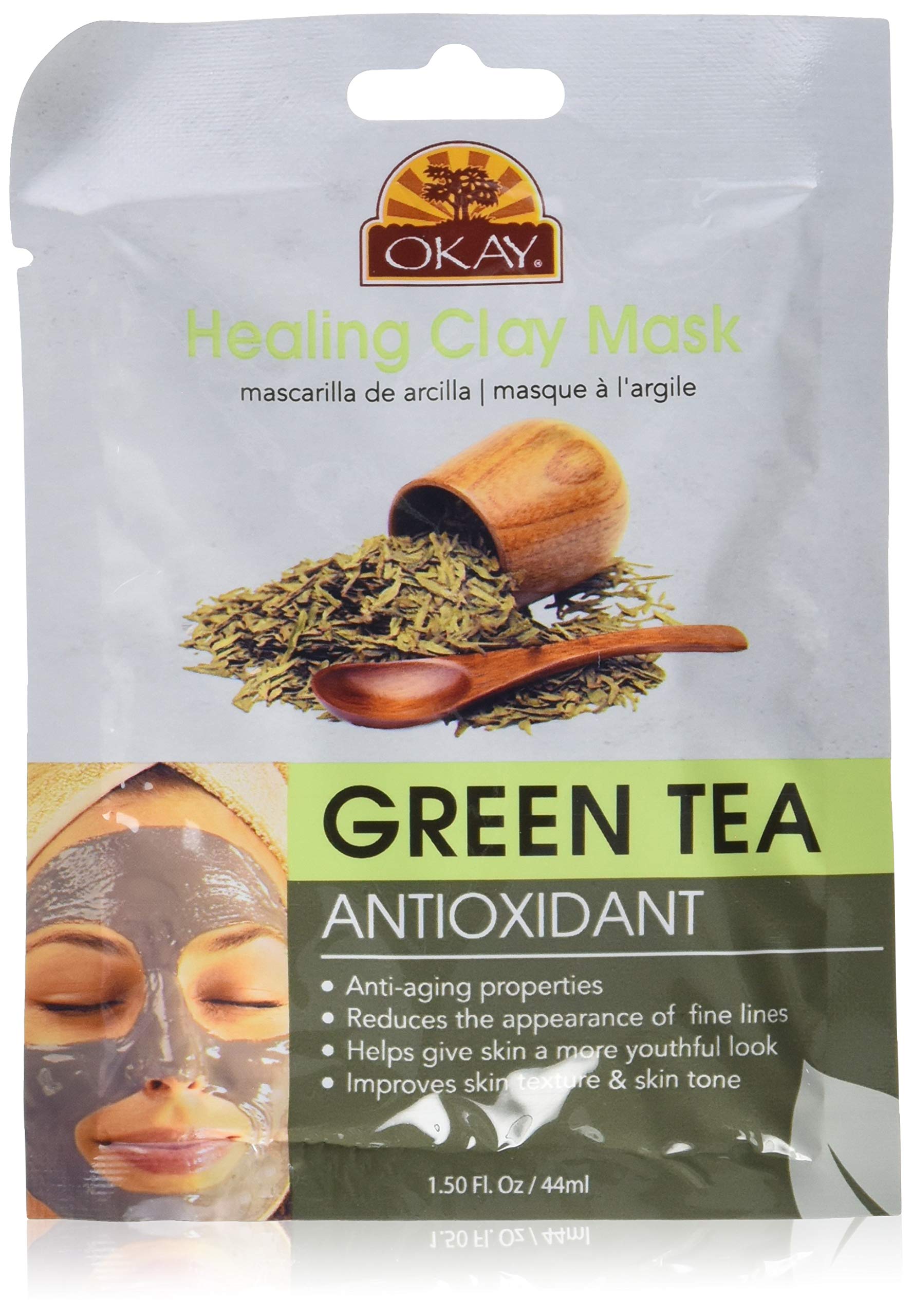 Okay Healing Clay Mask with Green Tea - Antioxidant & Anti-Aging Facial Mask for All Skin Types, 1.5 oz (Pack of 72) - Deep Cleansing & Detoxifying for Acne, Blackheads & Pores | Spa Day & Self-Care Essential