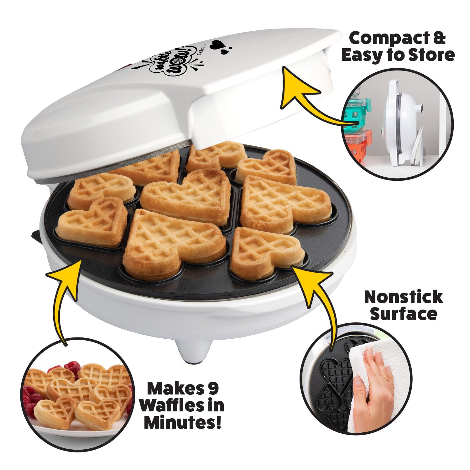 Mini Hearts Waffle Maker - Electric Nonstick Waffle Iron for 9 Heart-Shaped Waffles or Pancakes - Perfect Breakfast Treat for Kids & Adults - Includes Recipe Book - Great for Valentine's Day, Family Brunch, and Romantic Breakfast in Bed