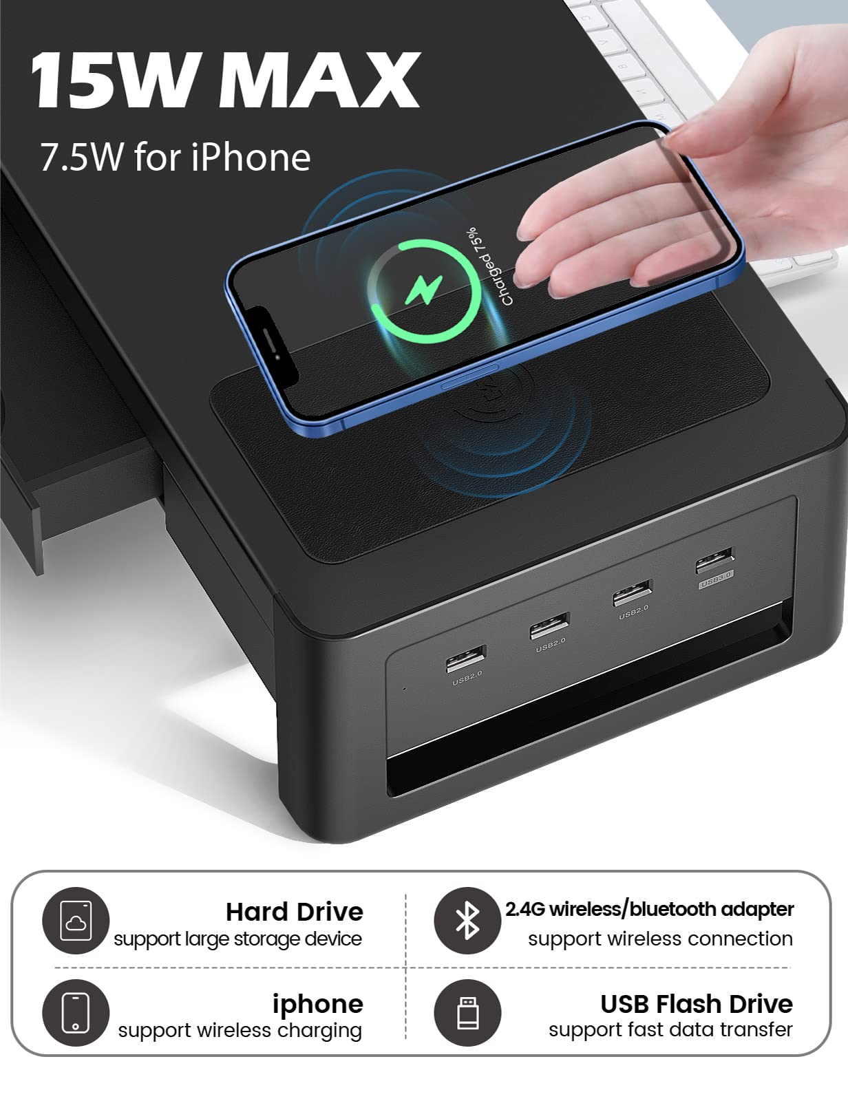 Dual Monitor Stand Riser with 2 Drawers & 4 USB Ports - Metal Monitor Stand for 2 Screens with Wireless Charging Pad & Data Transfer - 38.7 Inch Desk Organizer for PC Workstation & Gaming Setup