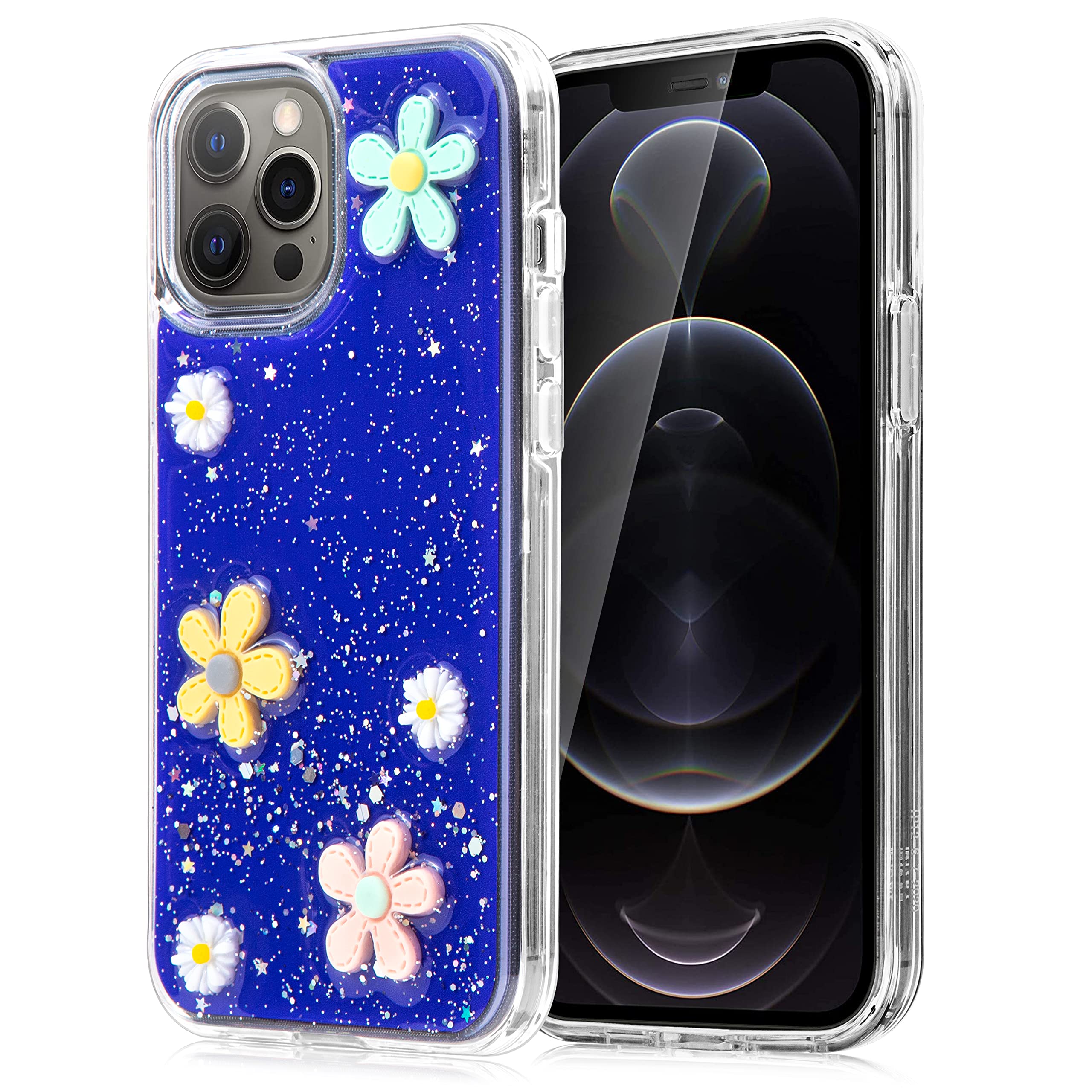 Shockproof iPhone 12 Pro Max Case with Daisy Flower Design - Anti-Scratch Full Body Protection, Cute Glitter Cover for Women (Blue) | Perfect for Everyday Use, Outdoor Activities & Gift Giving