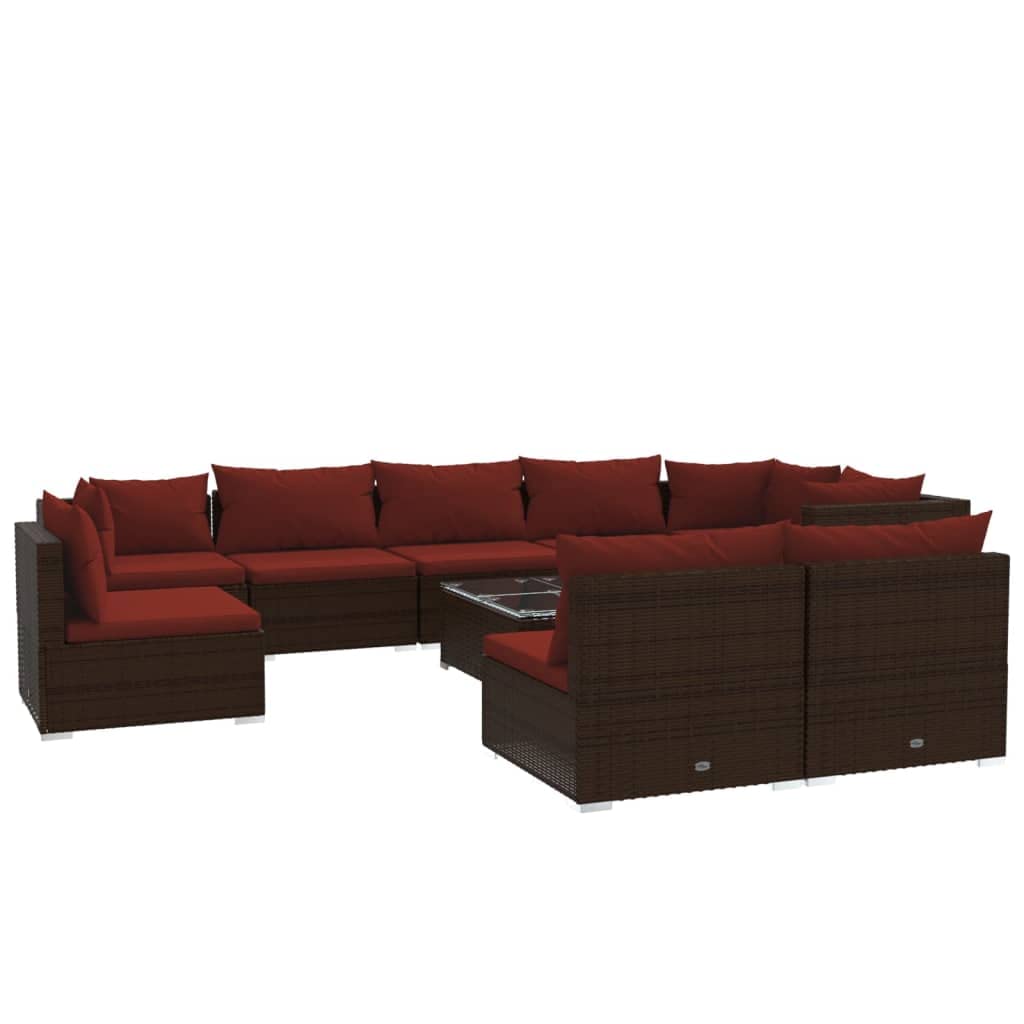 vidaXL 10-Piece Patio Lounge Set - Durable Lightweight Poly Rattan Outdoor Furniture with Cushions in Brown & Cinnamon Red - Perfect for Backyard, Poolside & Garden Relaxation