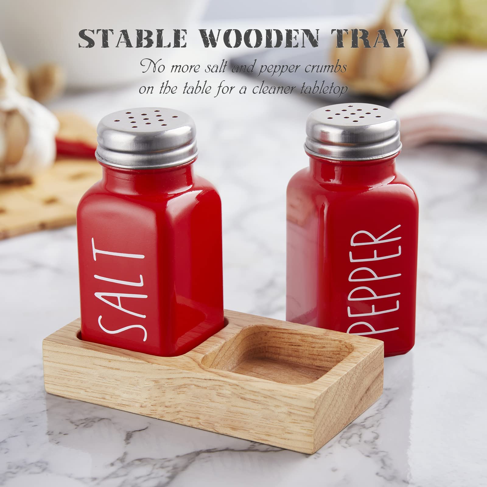 Red Glass Salt and Pepper Shakers Set with Wooden Tray - 2.7 oz Dopeca Kitchen Countertop Spice Dispenser - Christmas Housewarming Gift & Modern Kitchen Decor - Perfect for Dining Tables, Restaurants, and Holiday Gifting