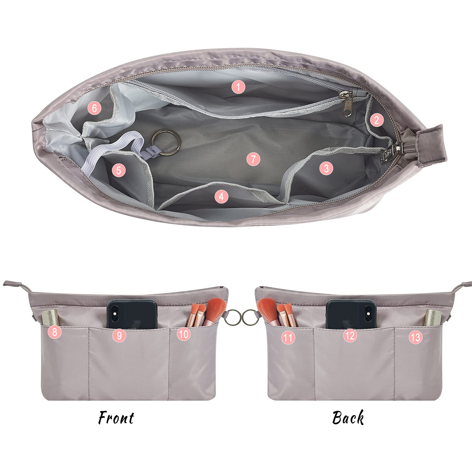 Premium Nylon Handbag Organizer Insert with 13 Pockets & Zipper - 5 Size Options for Tote Bags - Perfect for Travel, Work & Daily Organization