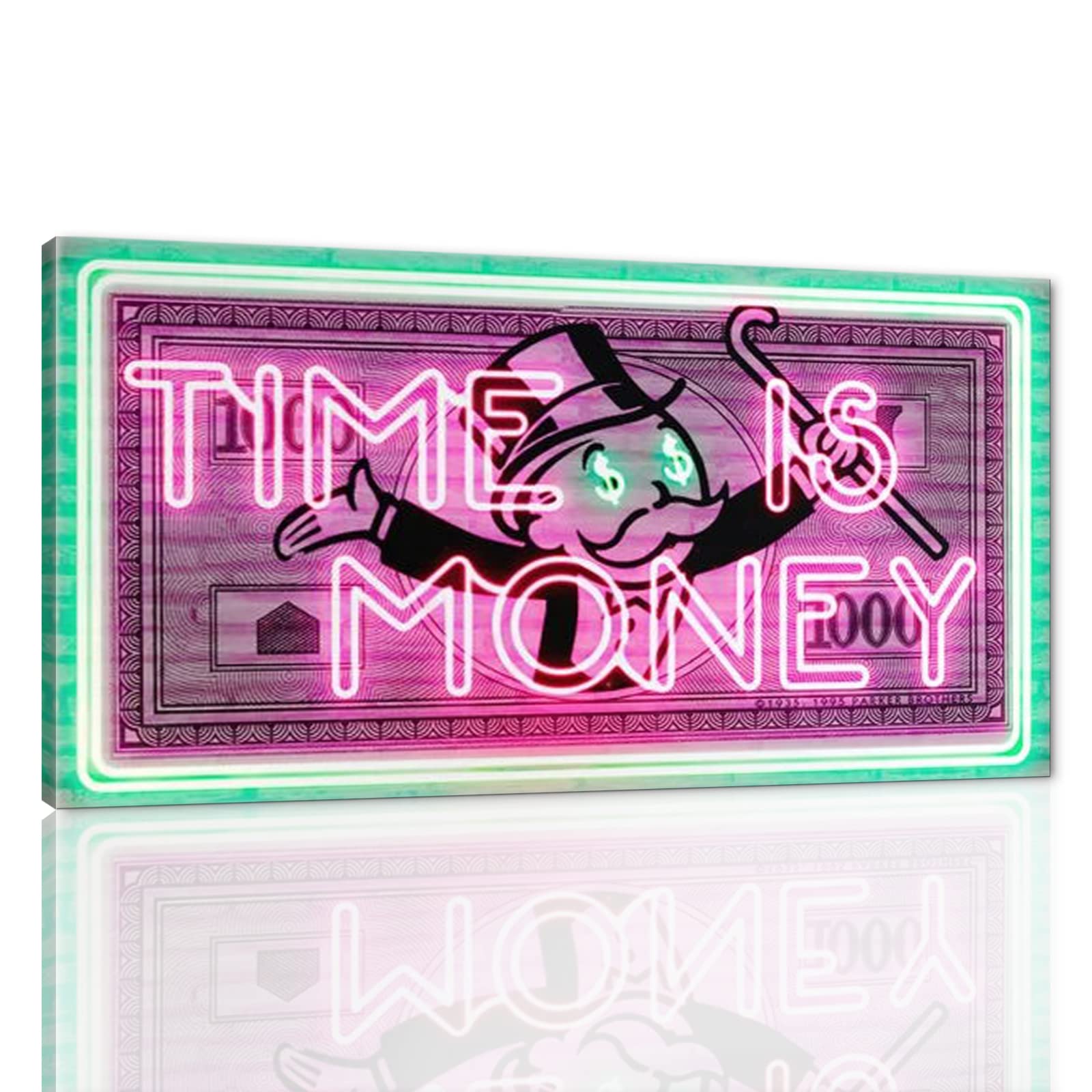 Time Is Money Motivational Office Canvas Art - Green & Pink Inspirational Wall Decor for Home & Workspace - 48x24 Inch Framed Print (Easy to Hang) - Perfect for Office, Study Room & Business Inspiration