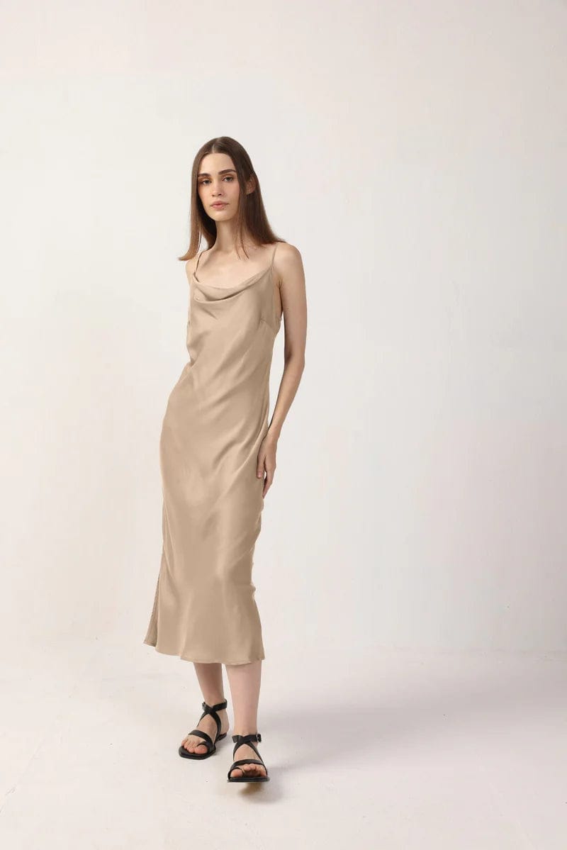 Elegant Cowl Neck Satin TENCEL™ Midi Dress for Women - Soft & Flowy, Available in Multiple Colors | Perfect for Date Nights, Cocktail Parties & Special Occasions