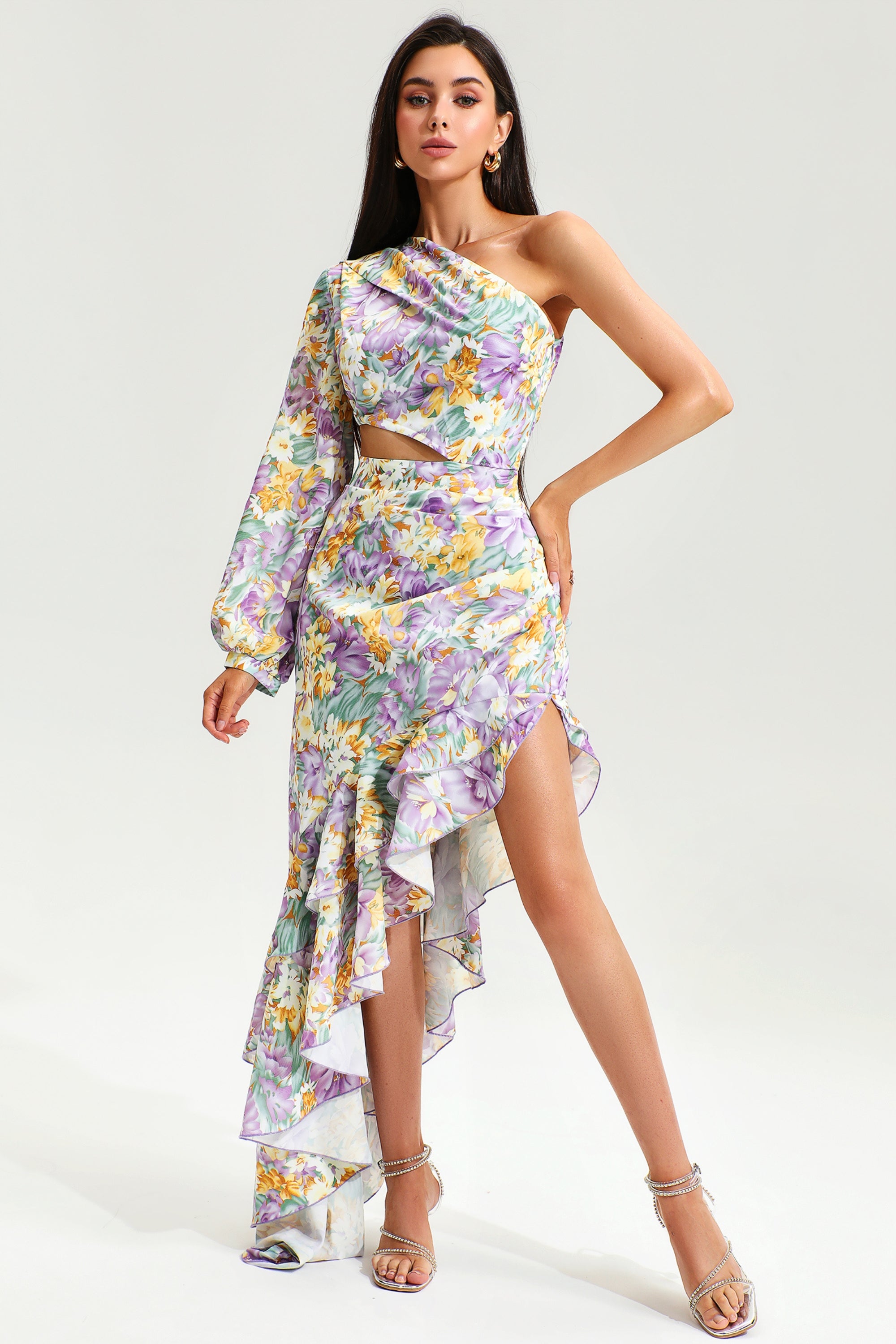 Elegant Asymmetrical Ruffled One Sleeve Midi Dress for Women - Perfect for Cocktail Parties, Date Nights & Special Occasions