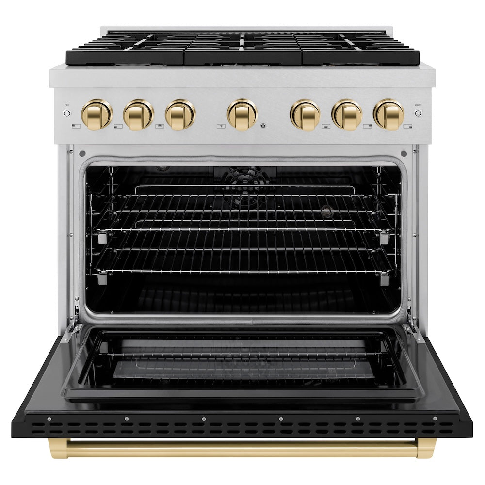 ZLINE Autograph Edition 36-inch 5.2 cu. ft. Dual Fuel Range - 6 Burner Gas Cooktop & Electric Convection Oven - Satin Stainless Steel with Black Matte Door & Polished Gold Accents (SDRSZ BLM 36 G) - Perfect for Gourmet Kitchens & Professional Chefs