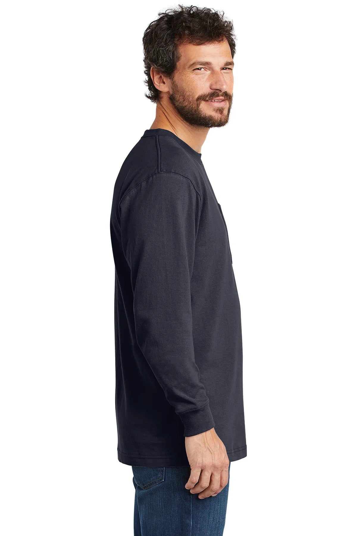 Carhartt Workwear Pocket Long Sleeve Custom T-Shirts for Men - Durable Navy Work Shirt with Chest Pocket - Perfect for Construction, Landscaping & Outdoor Jobs