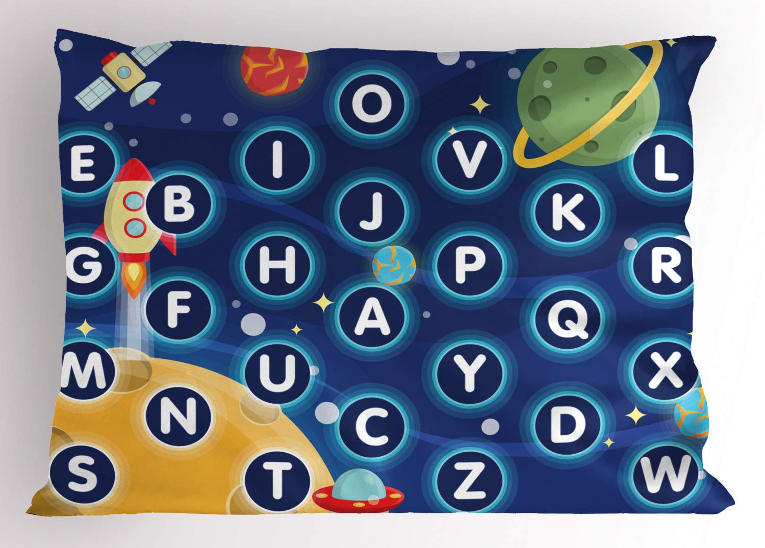 Ambesonne Alphabet Nursery Pillow Sham - Outer Space Planets & Stars Design, Standard Size 26