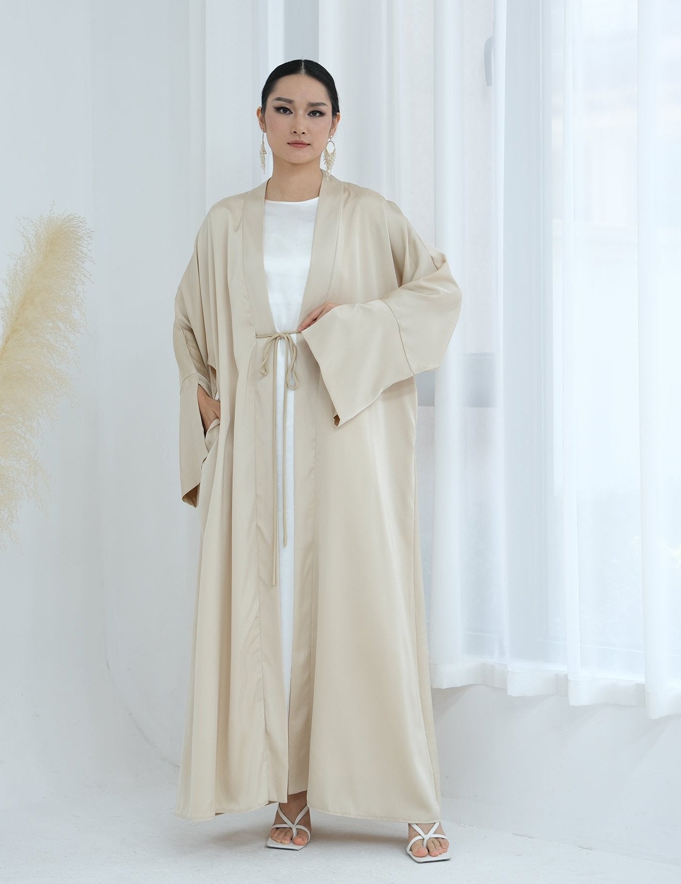 Lavinia Satin Open Abaya Beige - Elegant Muslim Prayer Dress for Women, Perfect for Mosque, Eid & Special Occasions