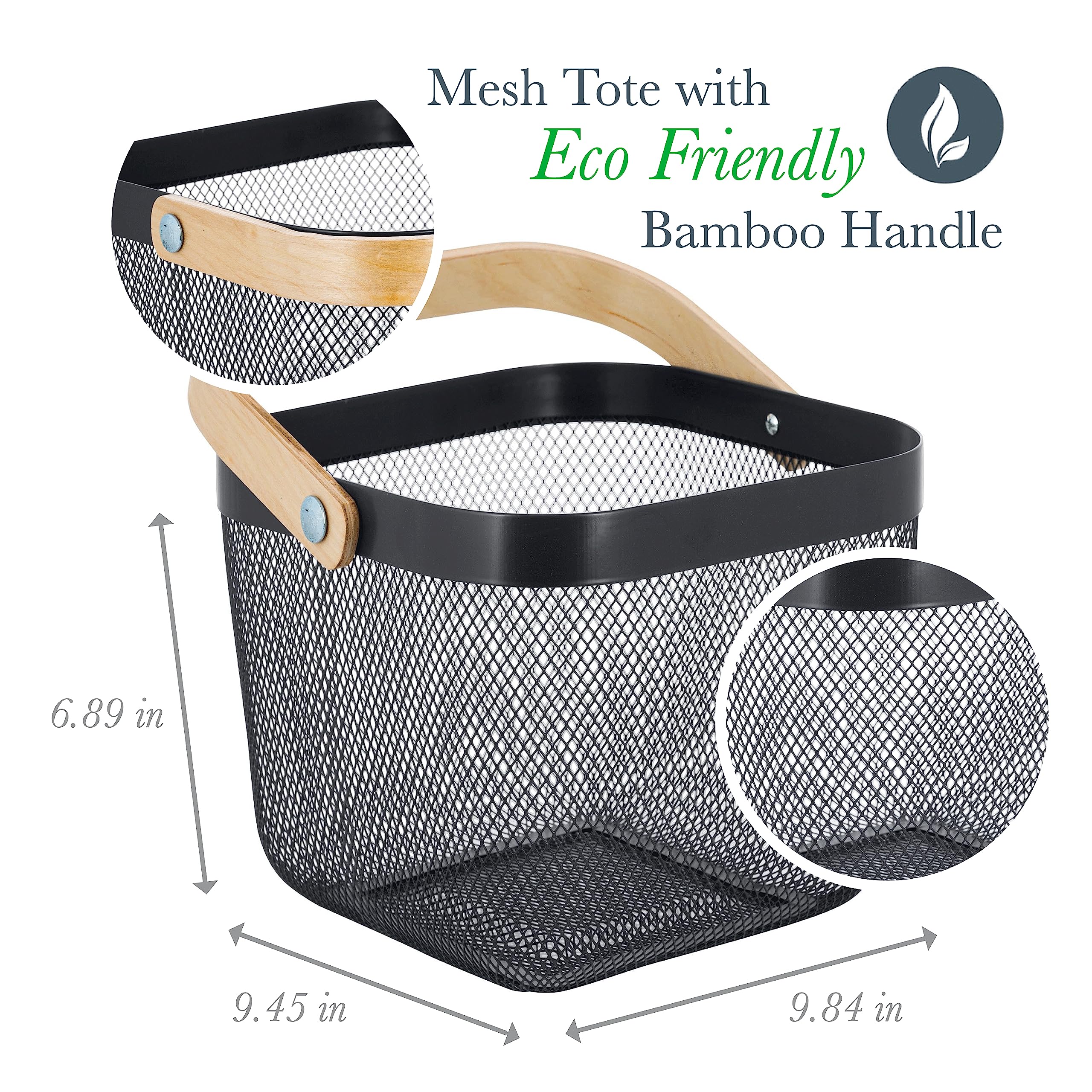 Durable Grey Mesh Tote Basket with Bamboo Handle - Multi-Purpose Shower Caddy & Grocery Organizer - Perfect for Bathroom Storage, Shopping, and Home Organization