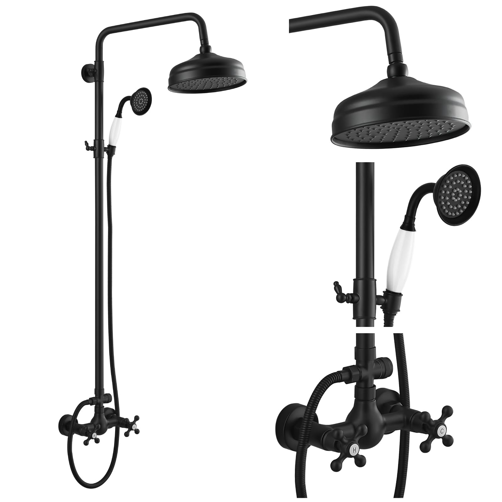 Luxury Matte Black Exposed Shower Faucet Set - 8 Inch Wall Mount Rainfall Shower Head with Handheld Spray & Cross Double Handle - Adjustable Straight Rod for Modern Bathroom - Perfect for Master Bath, Spa-Like Showers & Contemporary Home Renovations