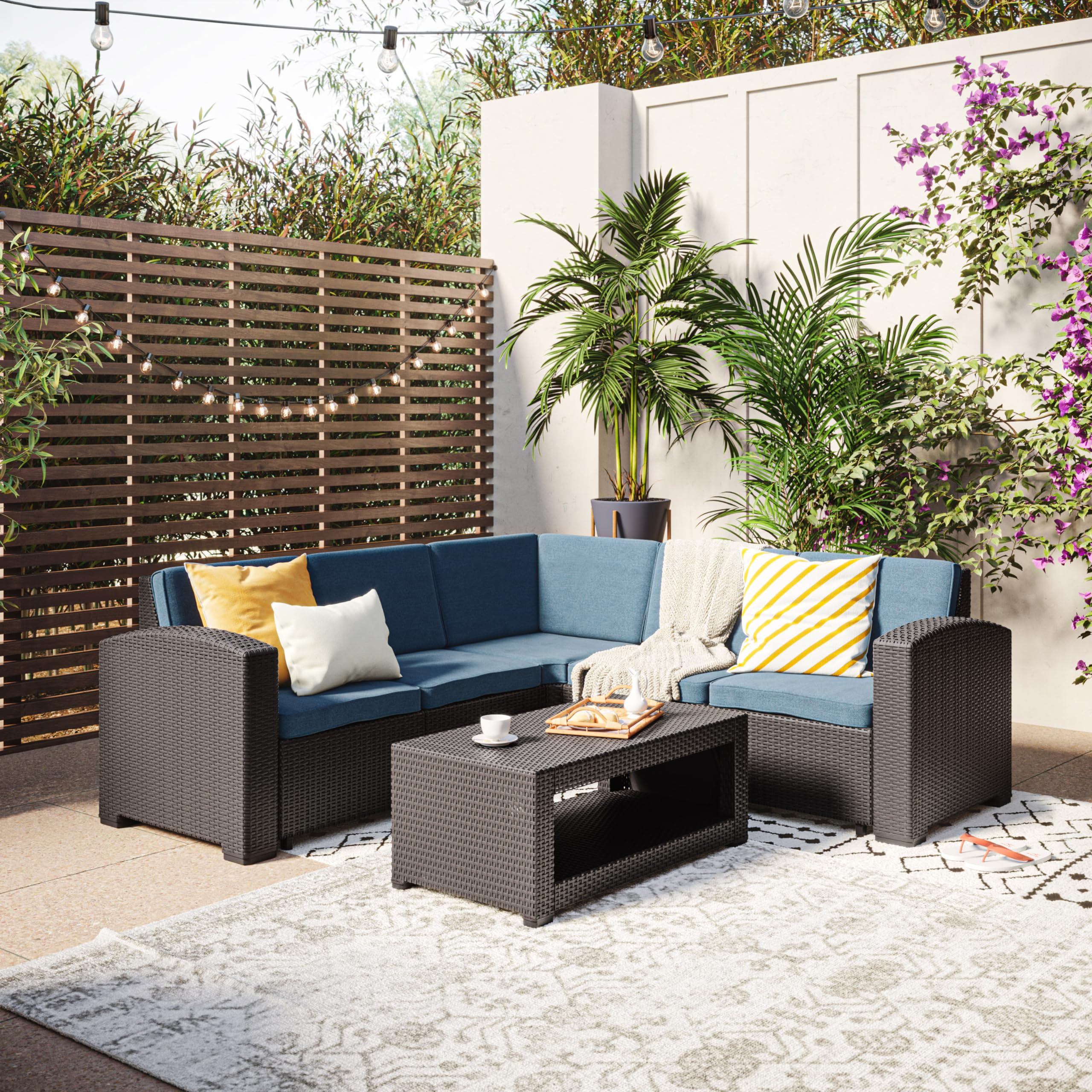 CorLiving Lake Front Wicker Rattan Patio Sectional Set with Blue Cushions - 6 Piece Outdoor Furniture for Garden, Poolside & Backyard Relaxation