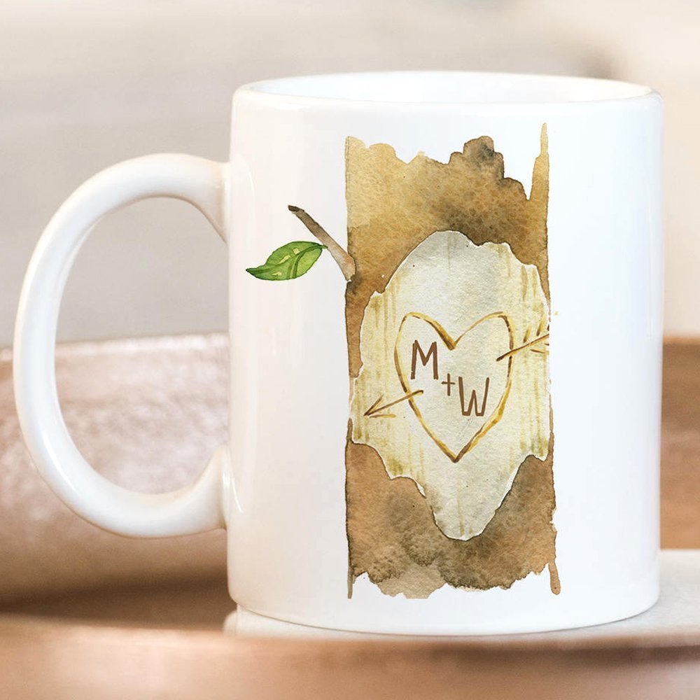 Personalized Initials Carved Ceramic Coffee Mug - Custom Monogram Couple Cup - Microwave & Dishwasher Safe - Perfect for Anniversary Gifts & Romantic Coffee Dates
