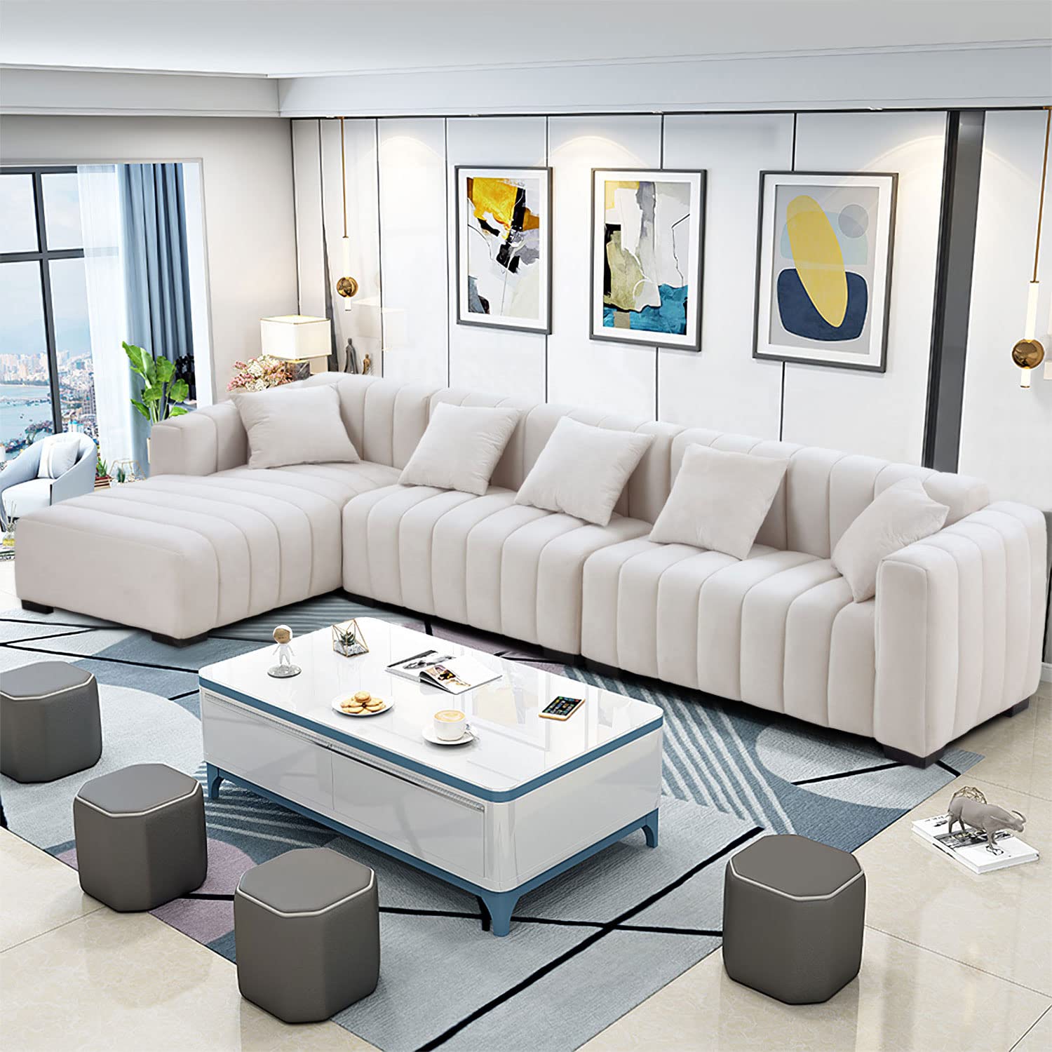 Kevinplus 140'' L-Shaped Sectional Sofa with Chaise Lounge - Modern Velvet 5-Seat Couch for Living Room, Home Office & Apartment - Includes 5 Pillows (Left Chaise, Beige) | Perfect for Family Gatherings, Movie Nights & Contemporary Home Decor
