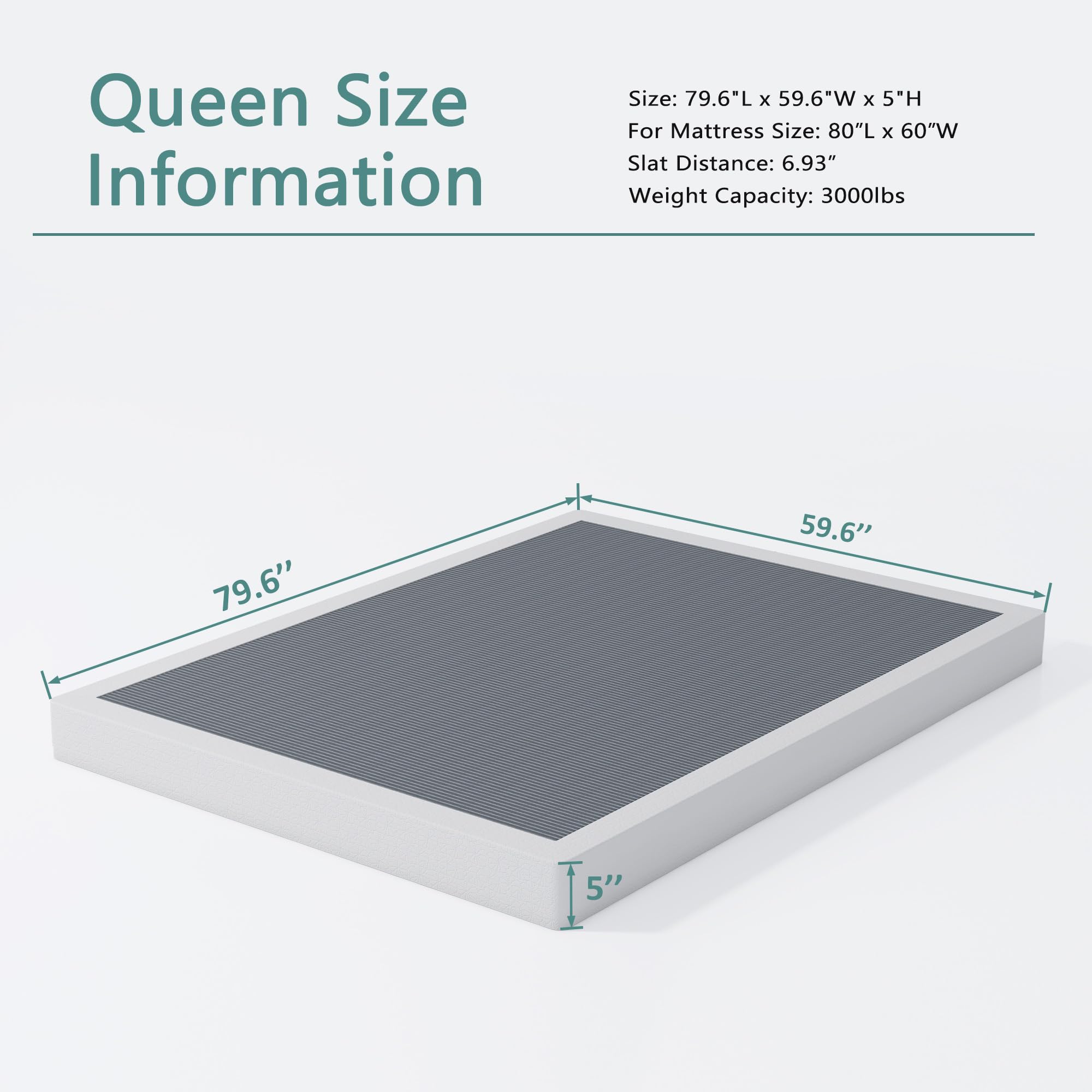 5 Inch High Heavy Duty Queen Box Spring with Sturdy Metal Frame & Fabric Cover - Easy Assembly, Noise Free - Perfect for Bedroom, Guest Room, or Dormitory
