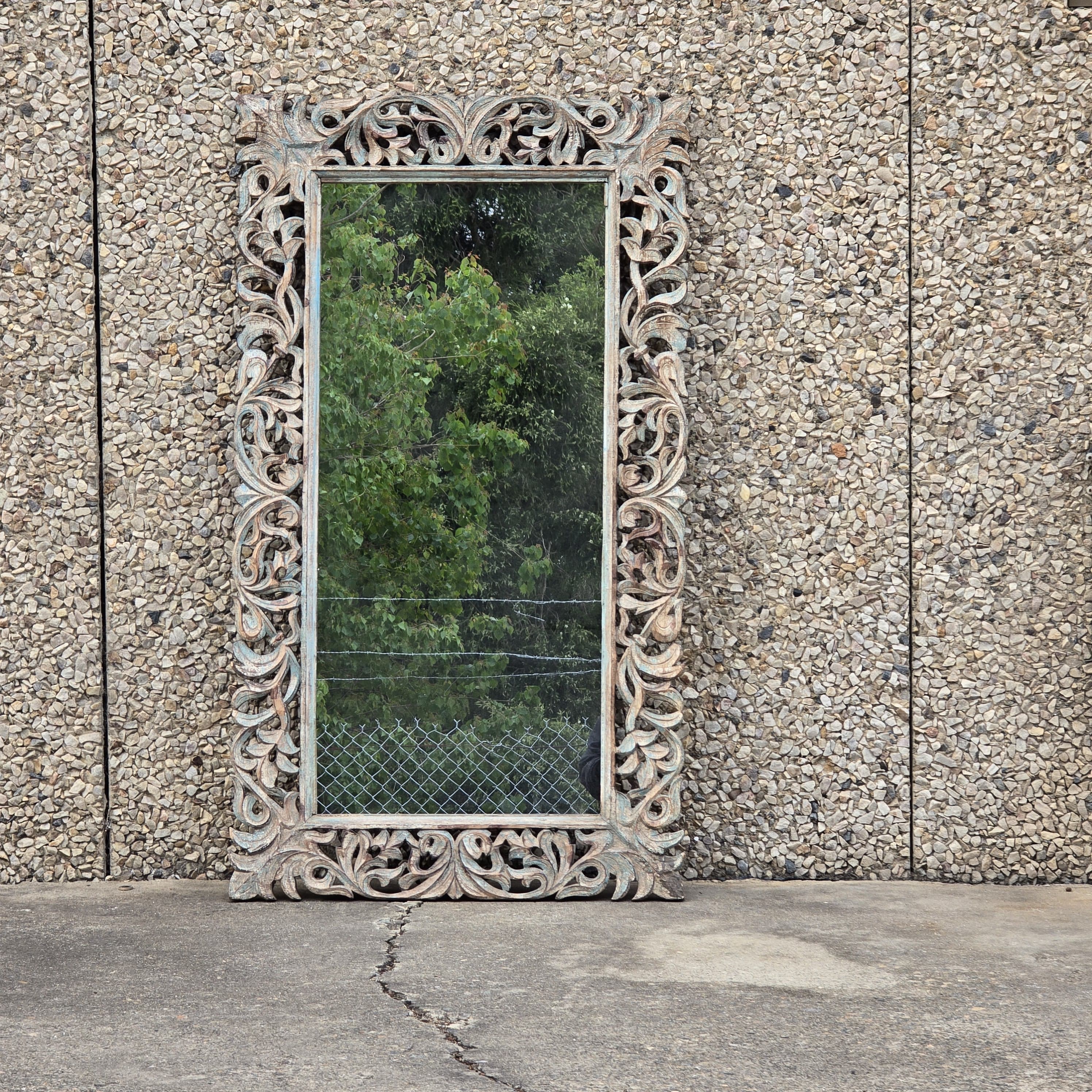 Handcrafted Floral Carved Solid Wood Indian Furniture Mirror Frame - Rustic Home Decor for Living Room, Bedroom & Entryway