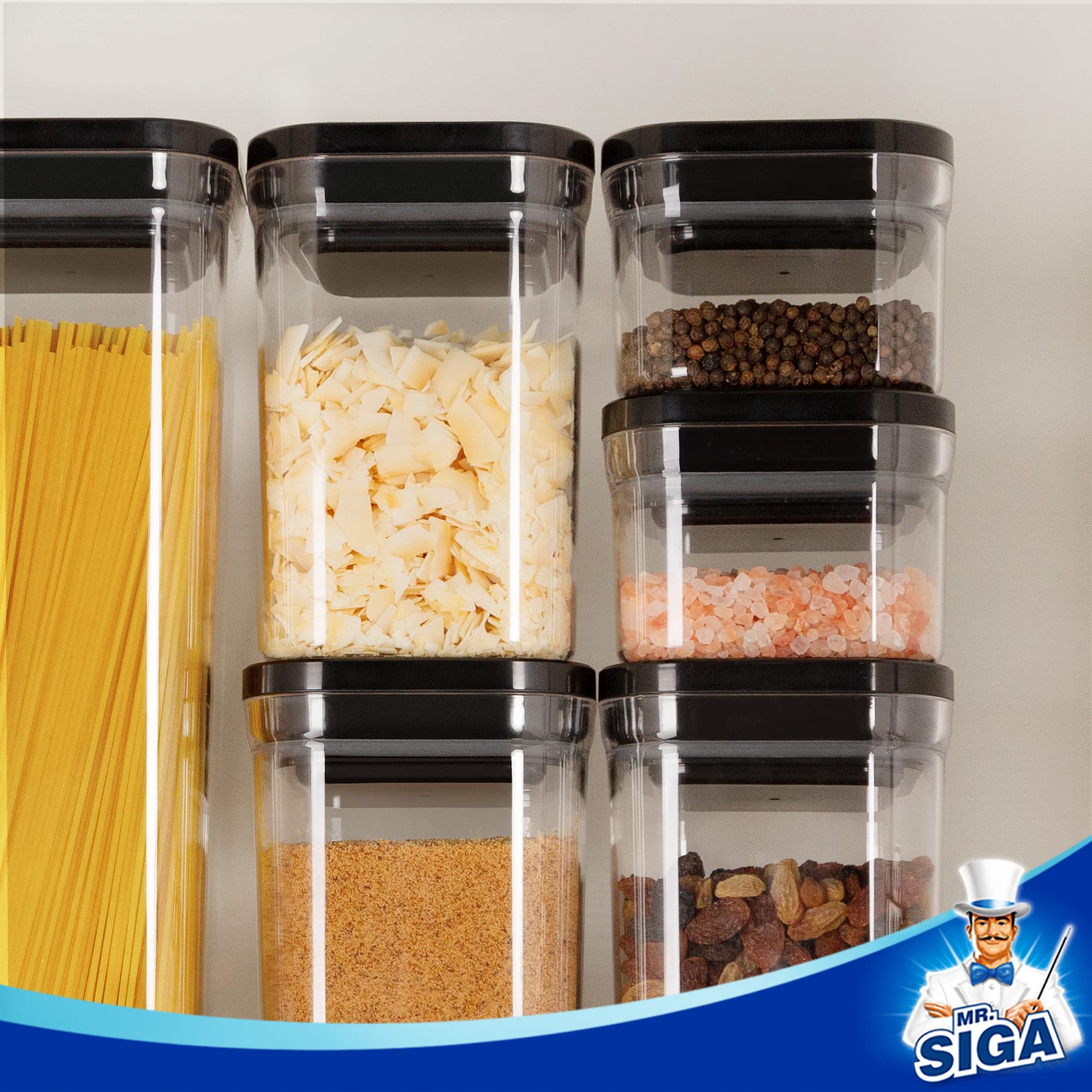 MR.SIGA 6-Piece Airtight Food Storage Container Set - BPA Free Kitchen Pantry Organization Canisters for Cereal, Pasta, Spaghetti & Dry Goods | One-Handed Operation | Perfect for Pantry, Kitchen & Meal Prep Organization