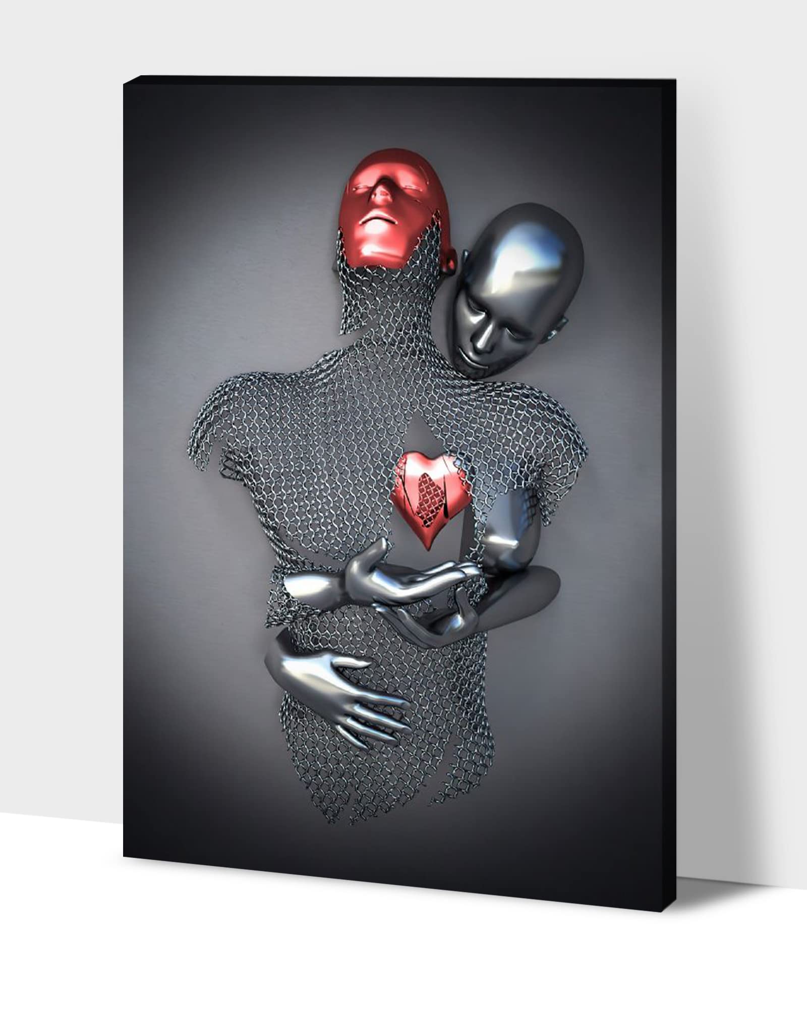 3D Metal Effect Love Heart Gray Canvas Wall Art - Romantic Couples Bedroom Decor, Modern Living Room Artwork, Valentine's Day Gift - 32x48 Inches - Perfect for Home, Office & Wedding Decorations