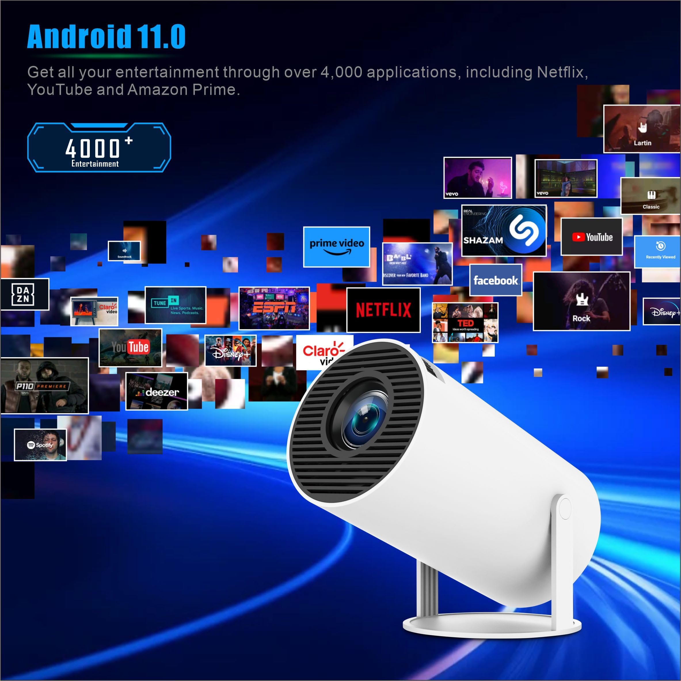 4K Mini Projector - Portable WiFi 6 Video Projector with Android 11, Full HD 1080P Support for Smartphone/PC/Laptop/Fire Stick, 180° Rotatable HDMI Home Theater Projector - Perfect for Movie Nights, Gaming & Outdoor Camping