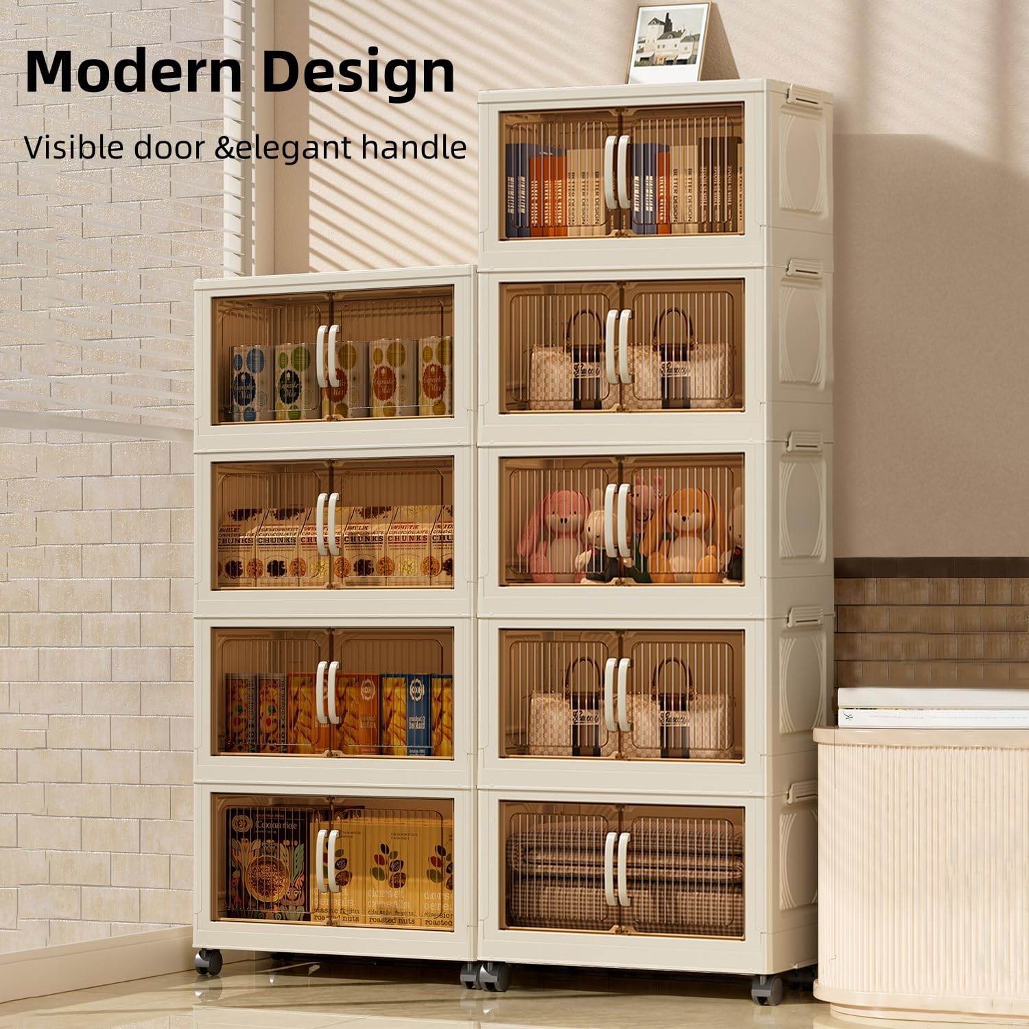 Wookon 213-Quart Rolling Storage Bins with Magnetic Lids - 4-Tier Plastic Organizer for Closet, Home & Office - Beige Collapsible Storage Containers with Dual Openings | Perfect for Organizing Clothes, Toys, and Household Items