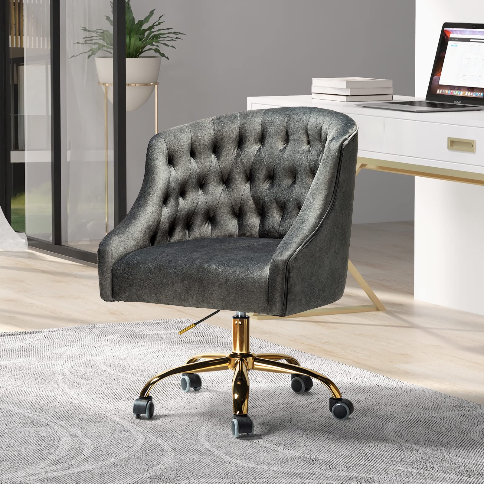 Velvet Home Office Chair with Gold Base - Ergonomic Adjustable Swivel Task Chair for Living Room, Bedroom, Study & Vanity | Modern Comfortable Desk Chair in Charcoal | Perfect for Remote Work, Gaming & Online Classes