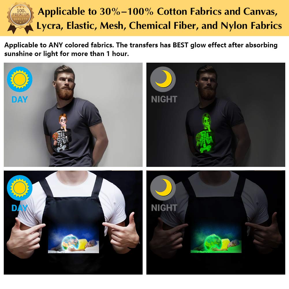 Glow in the Dark Heat Transfer Paper for Dark T-Shirts - 10 Sheets (8.5x11'') - Printable Iron On Transfers for Inkjet Printers - Perfect for DIY Custom T-Shirts, Hoodies & Nighttime Party Apparel