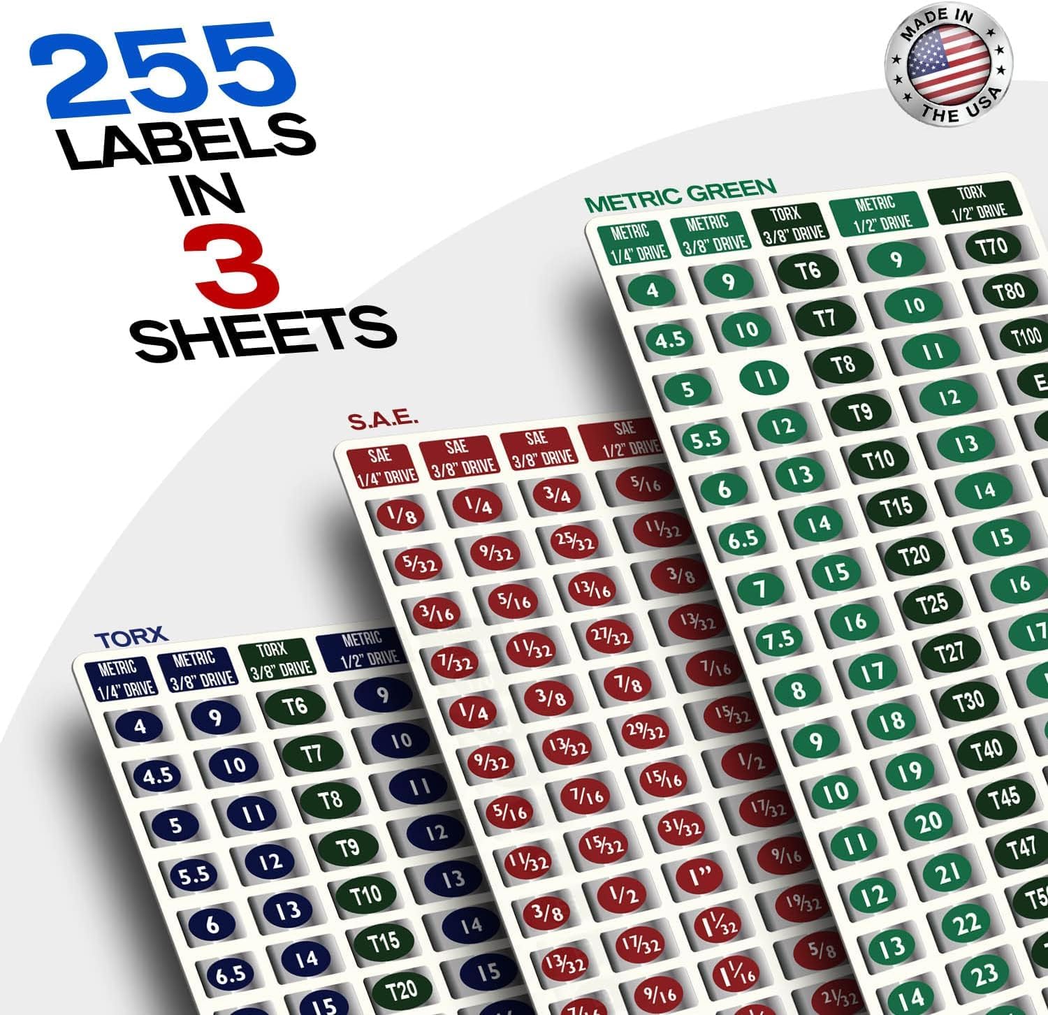 Magnetic Toolbox Labels & Master Socket Labels Set - Metric, Torx & SAE Tools (Green Series) for Craftsman, Snap On, Mac Tools & Tool Chests | Perfect for Workshop Organization & Tool Identification