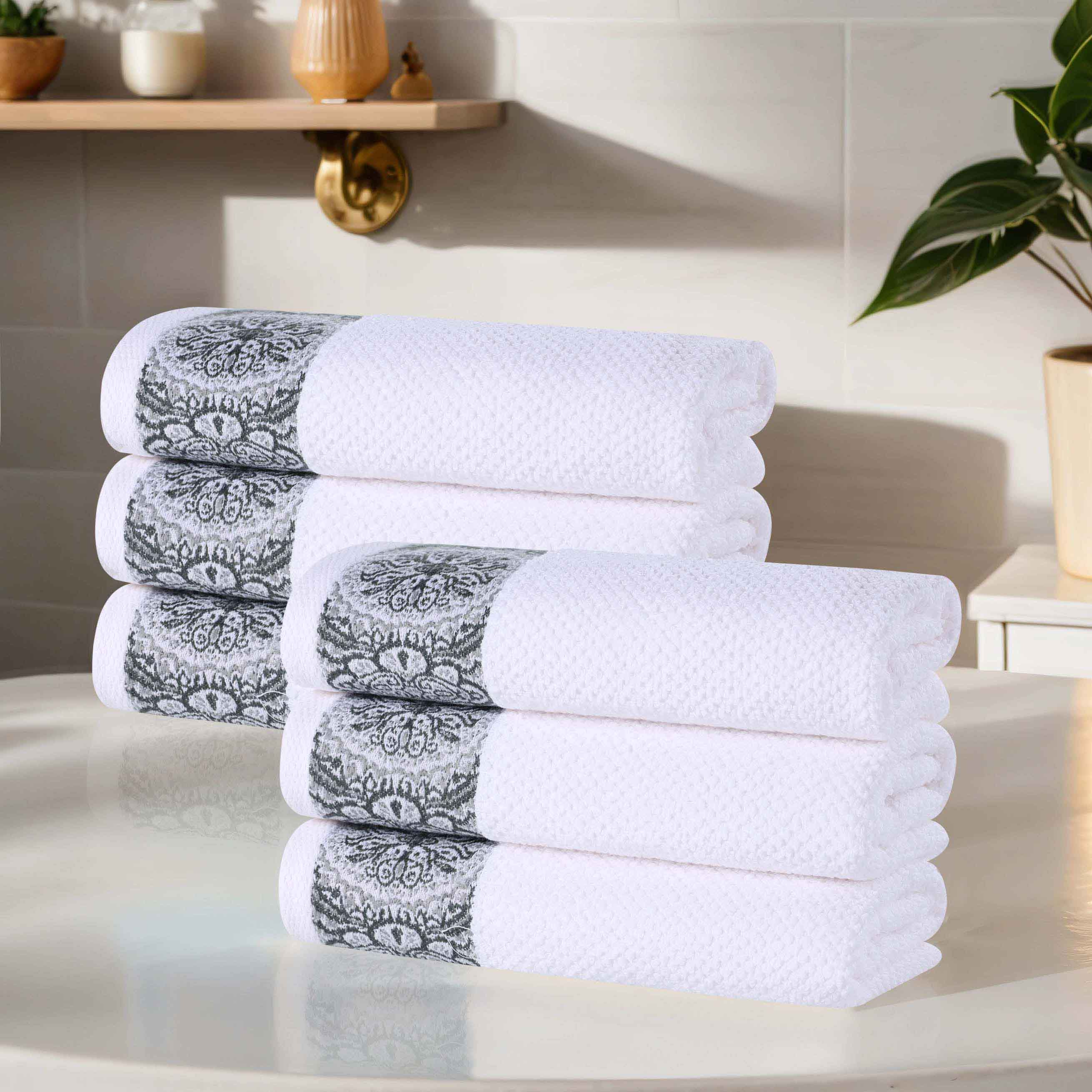 Premium Medallion Cotton Jacquard Textured Hand Towels - Set of 6, Soft & Absorbent Bathroom Towels for Guest Bath, Powder Room, and Spa - Luxury Home Decor Essentials