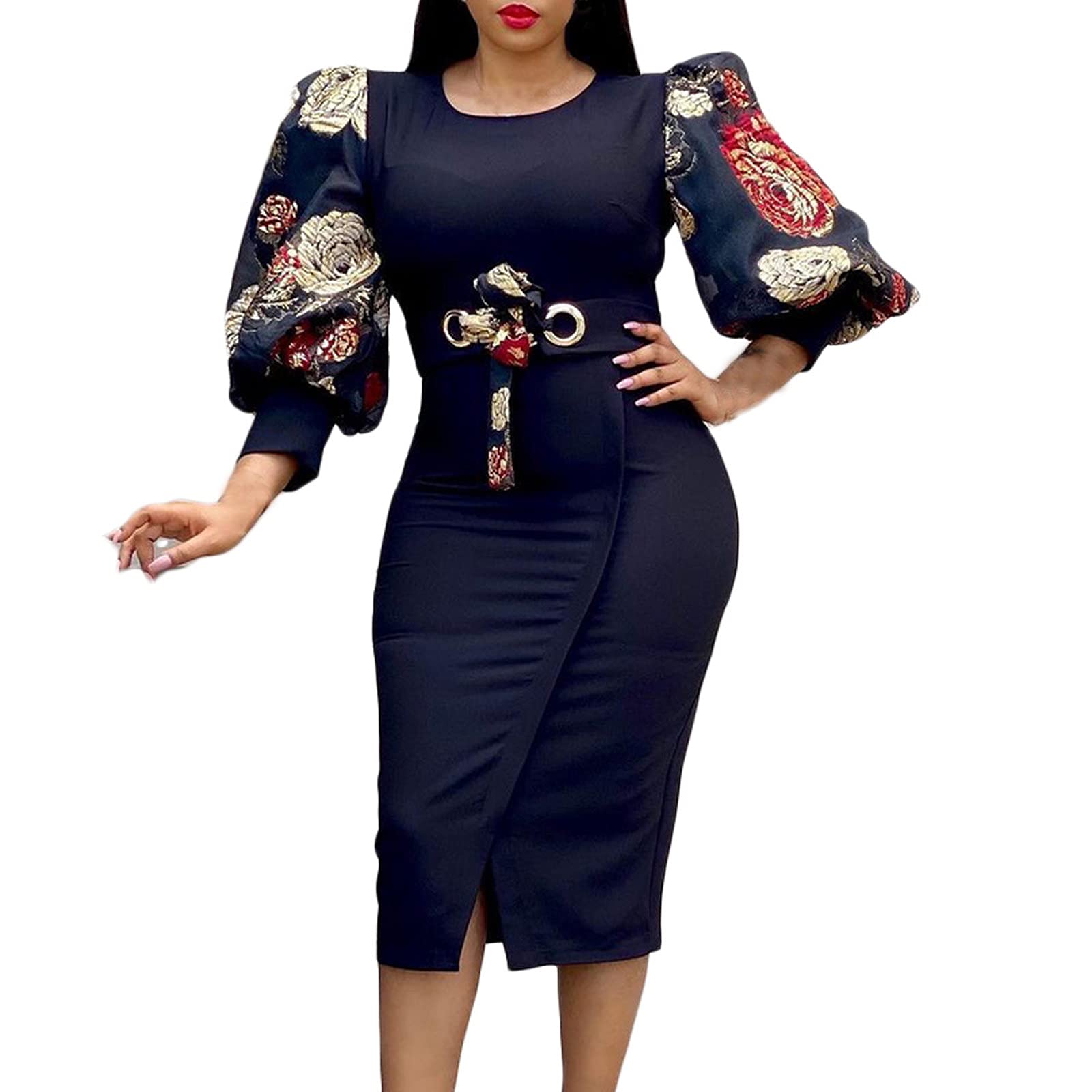 Women's Sexy Wrap Midi Dress with 3/4 Bubble Sleeves & Belt - Floral Print Party Clubwear for Evening Events, Date Night & Cocktail Dresses