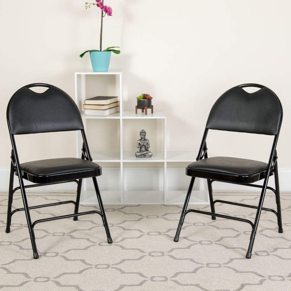 Flash Furniture 2 Pack HERCULES Series Heavy Duty Black Vinyl Metal Folding Chairs - Triple Braced Frame, Easy-Carry Handle - Perfect for Events, Parties, Weddings & Home Use