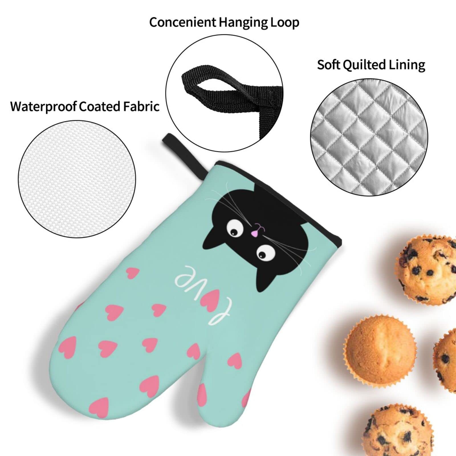 Funny Black Cat Oven Mitts and Pot Holders Set - 4pcs Heat Resistant Kitchen Gloves for Baking, Cooking, BBQ & Grilling - Perfect Gift for Cat Lovers & Home Chefs