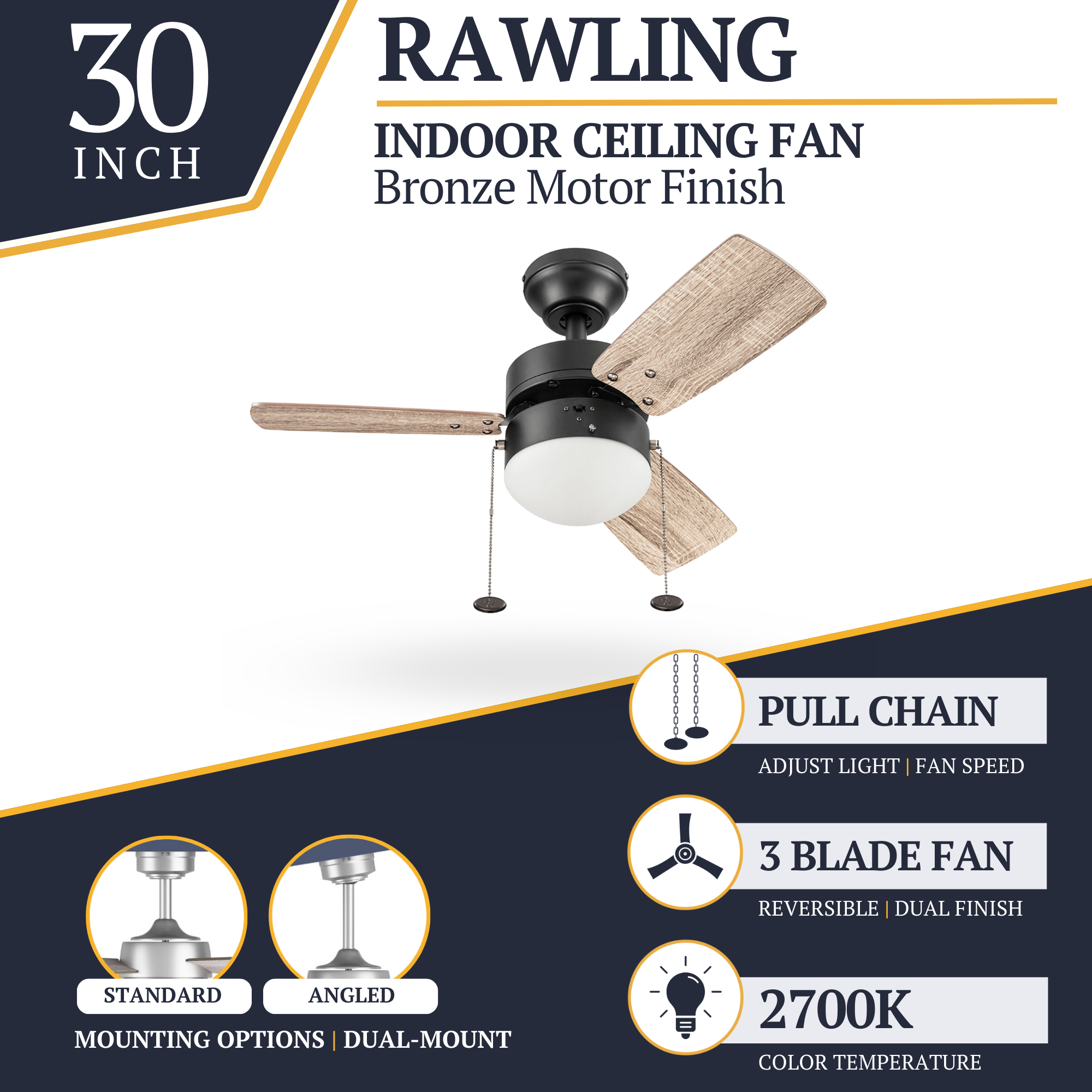 30 Inch Rawling Espresso Ceiling Fan with Pull Chain - Modern Indoor Ceiling Fan for Living Room, Bedroom, and Office - Energy Efficient Quiet Operation