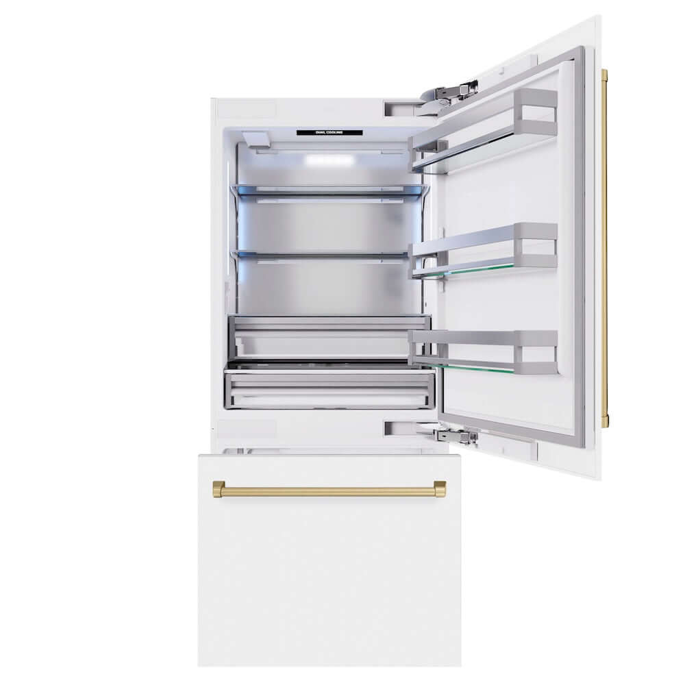 ZLINE Autograph Edition 36 Inch Built-In Bottom Freezer Refrigerator - 19.8 cu ft Capacity, Water Dispenser & Ice Maker - White Matte with Champagne Bronze Accents (RBITZ WM 36 CB) - Perfect for Modern Kitchens, Open Concept Homes & Luxury Appliances Collection