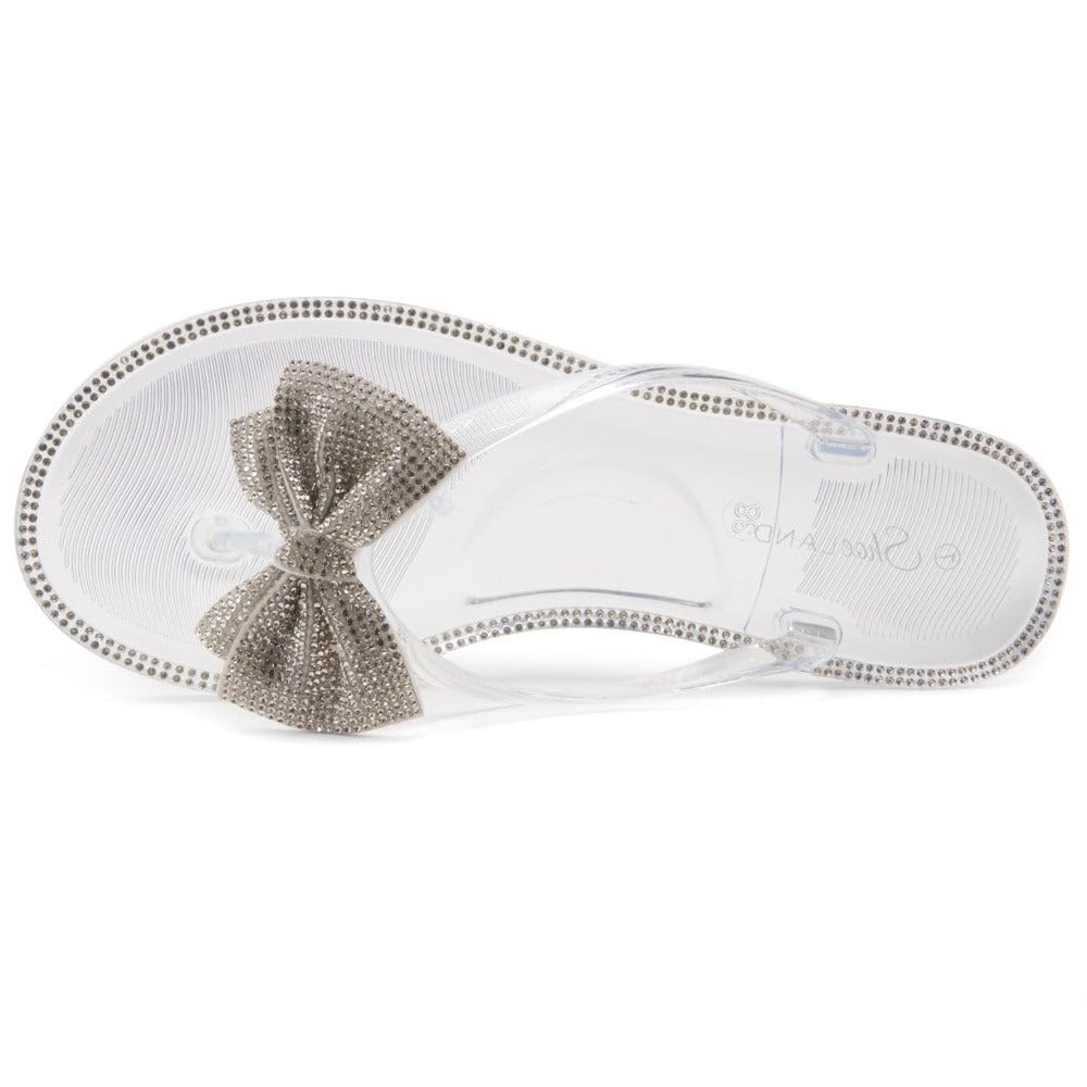 Women's Rhinestone Bowtie Jelly Flip Flops - Comfortable Strappy Thong Sandals for Summer, Beach & Pool - Breathable Slip-On Slides for Daily Wear