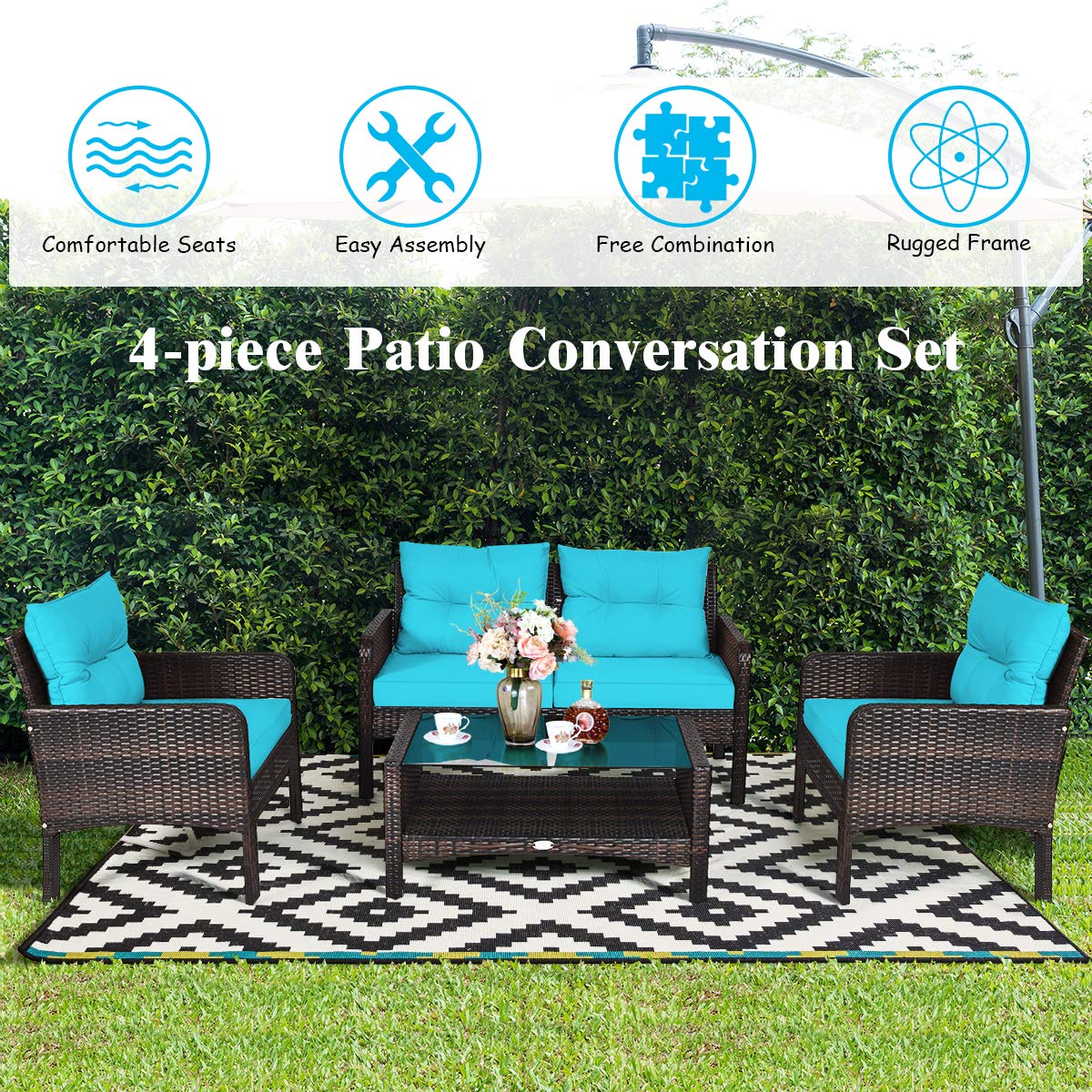 Tangkula 4-Piece Outdoor Patio Furniture Set - All-Weather Wicker Sofa Set with Glass Top Coffee Table & Thick Cushions - Turquoise Conversation Set for Porch, Garden, Poolside, Lawn & Backyard Relaxation