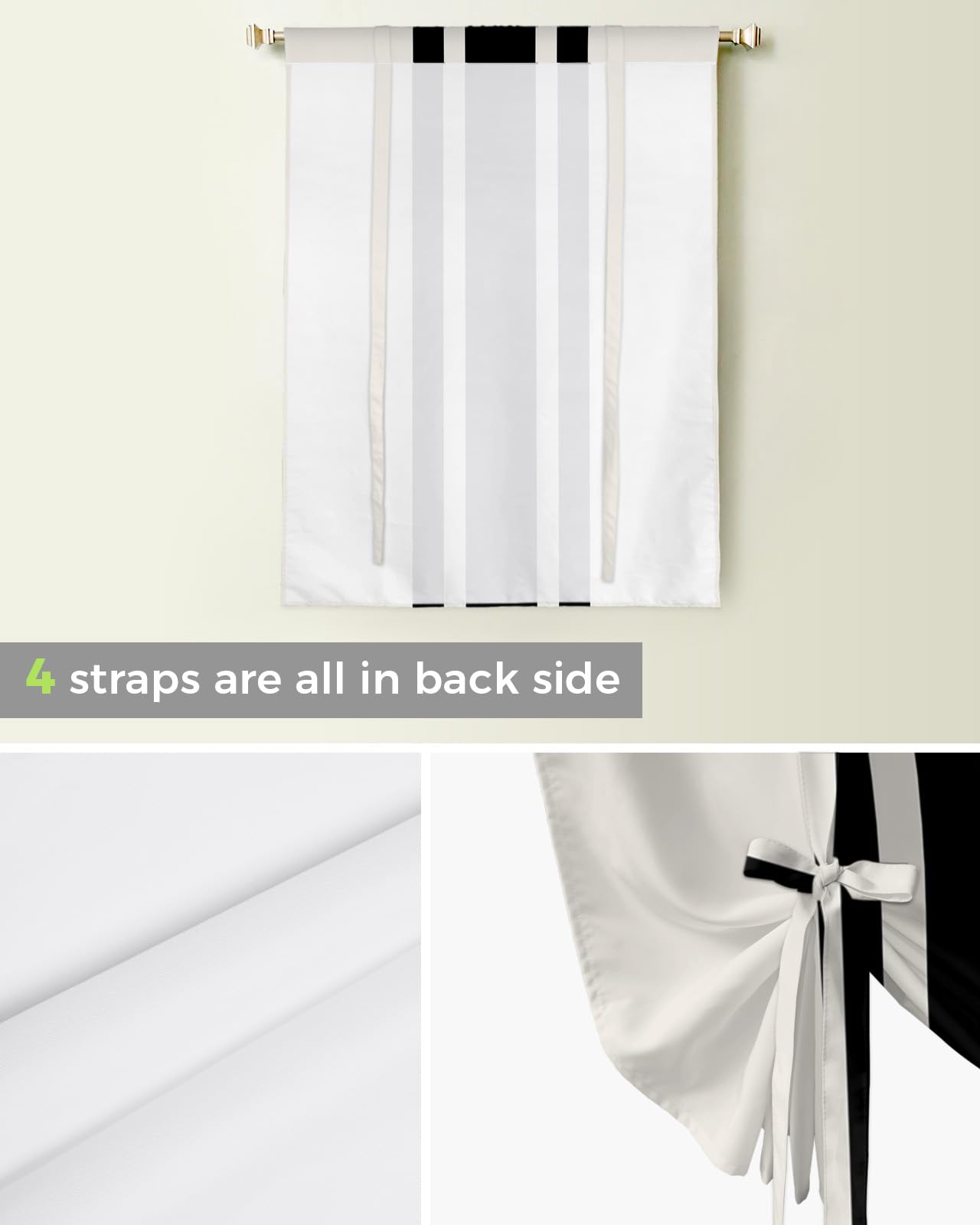 Black and White Striped Balloon Window Shade Curtain - Rustic Farmhouse Style Rod Pocket Short Curtain for Small Windows (42x63 Inch) | Adjustable Tie-Up Design for Kitchen, Living Room & Countryside Decor | Christmas Holiday Home Decoration