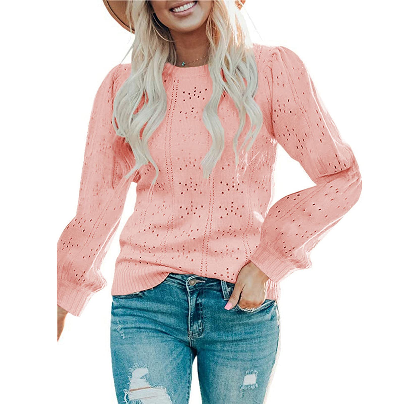 Women's V-Neck Puff Short & Long Sleeve Sweater Tops - Soft Dot Waffle Knit Pullover Shirt - Lightweight Sweater Blouse for Casual Wear, Office Outfits & Fall Layering