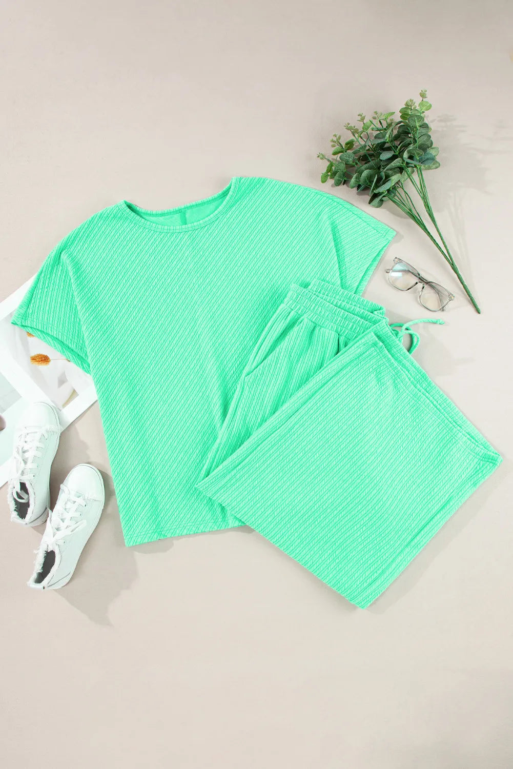 Plus Size Round Neck Half Sleeve Top with Tied Pants Set - Women's Casual Outfit for Work, Travel & Everyday Wear