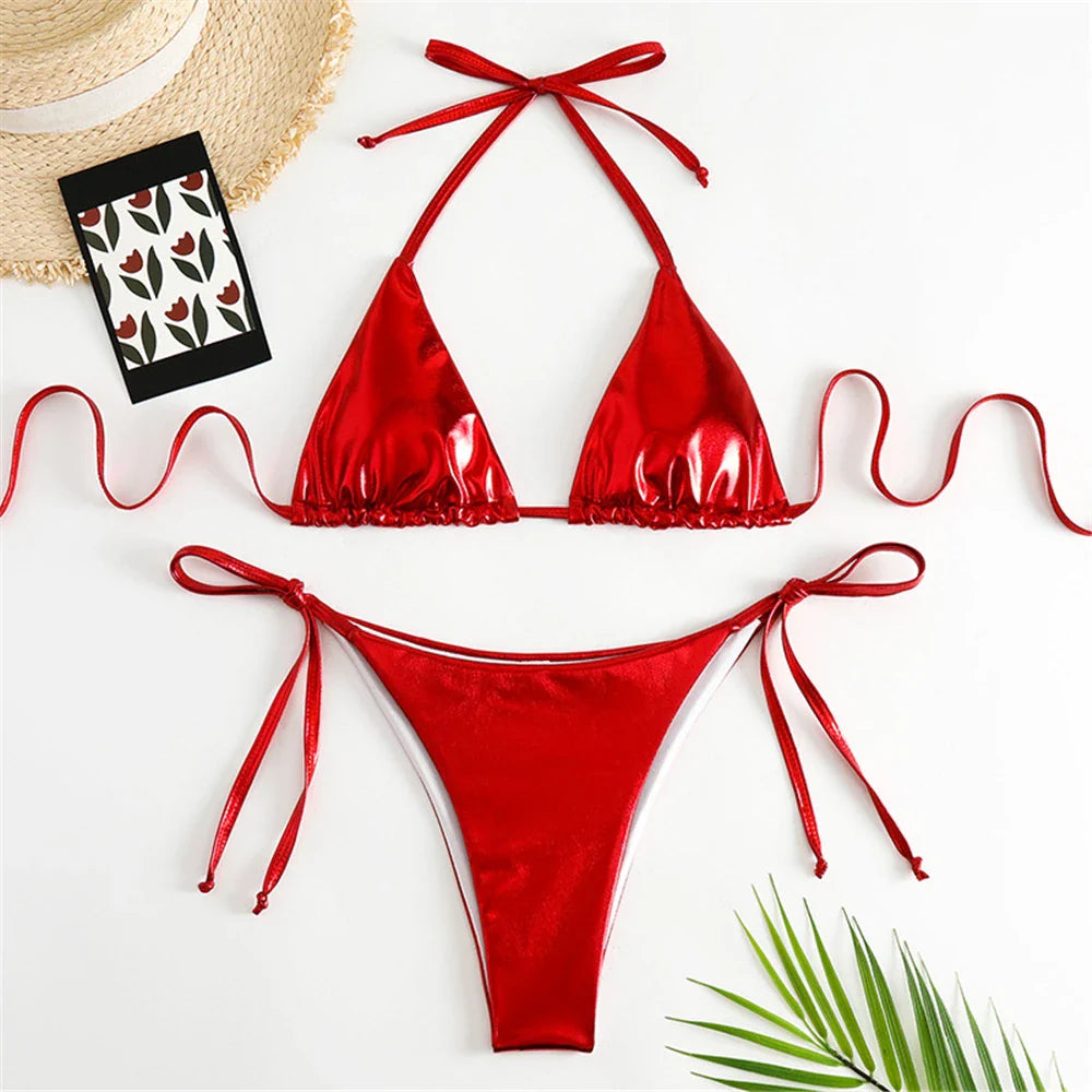 Sexy Halter Triangle Bikini Set - Women's Patent Leather Glitter Swimsuit with G-String & Side Lace Up Design | Perfect for Summer Beach Vacation, Pool Party & Tropical Getaway