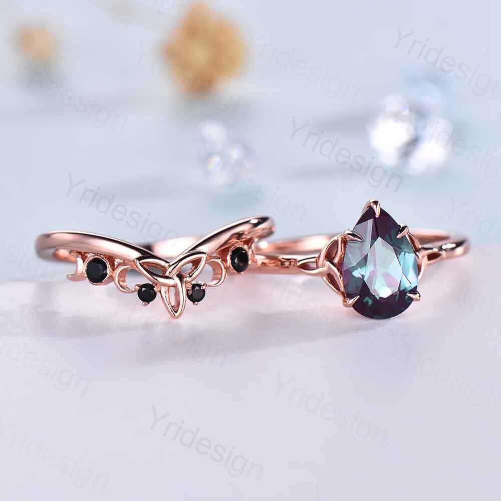 Celtic Knot Norse Viking Alexandrite Engagement Ring Set - Unique Pear Alexandrite Wedding Ring with Curved Black Spinel Matching Band Bridal Jewelry | Perfect for Celtic Weddings, Viking-Themed Proposals & Anniversary Gifts